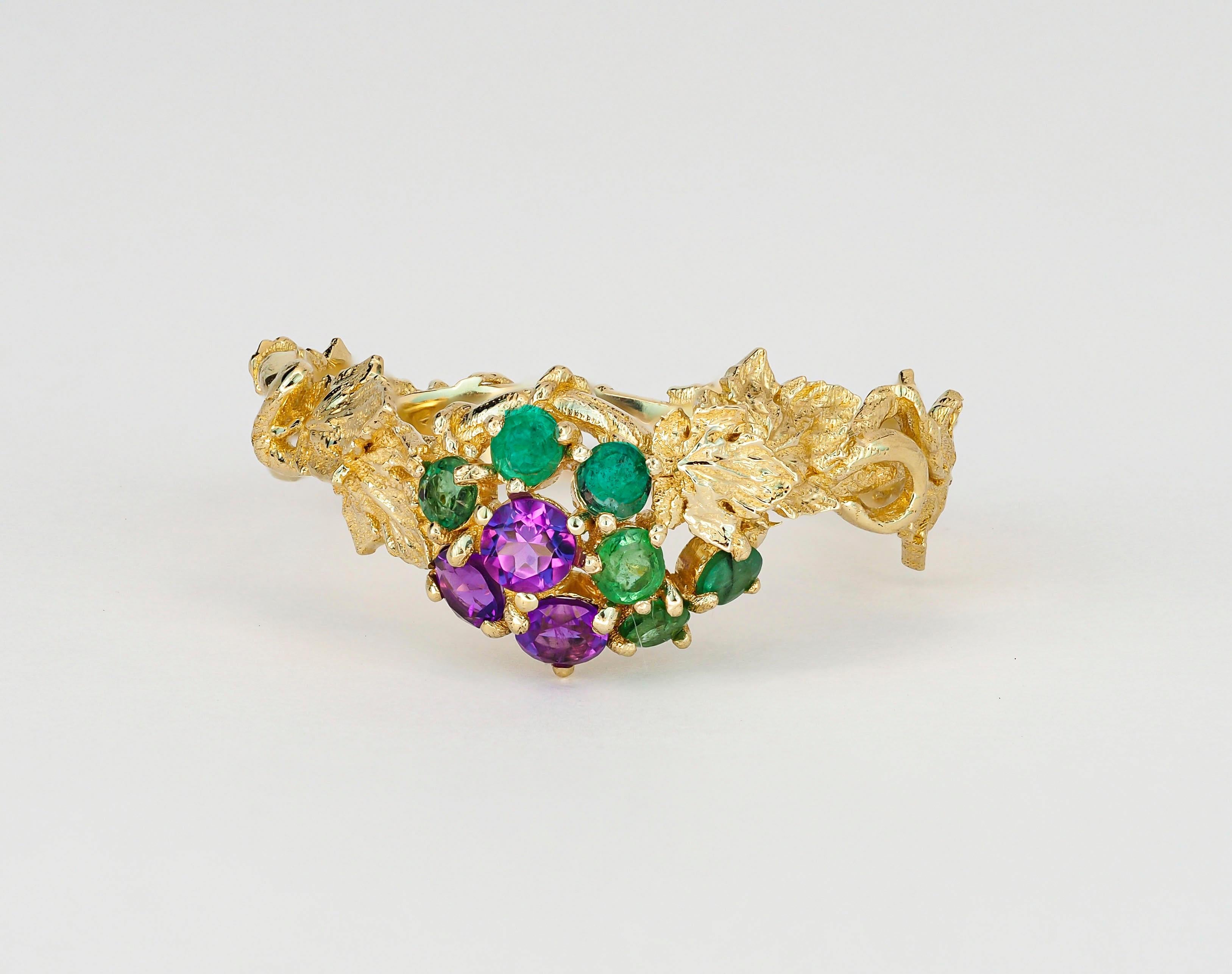 For Sale:  Amethysts and Emeralds 14k gold ring. Grape gold ring 4