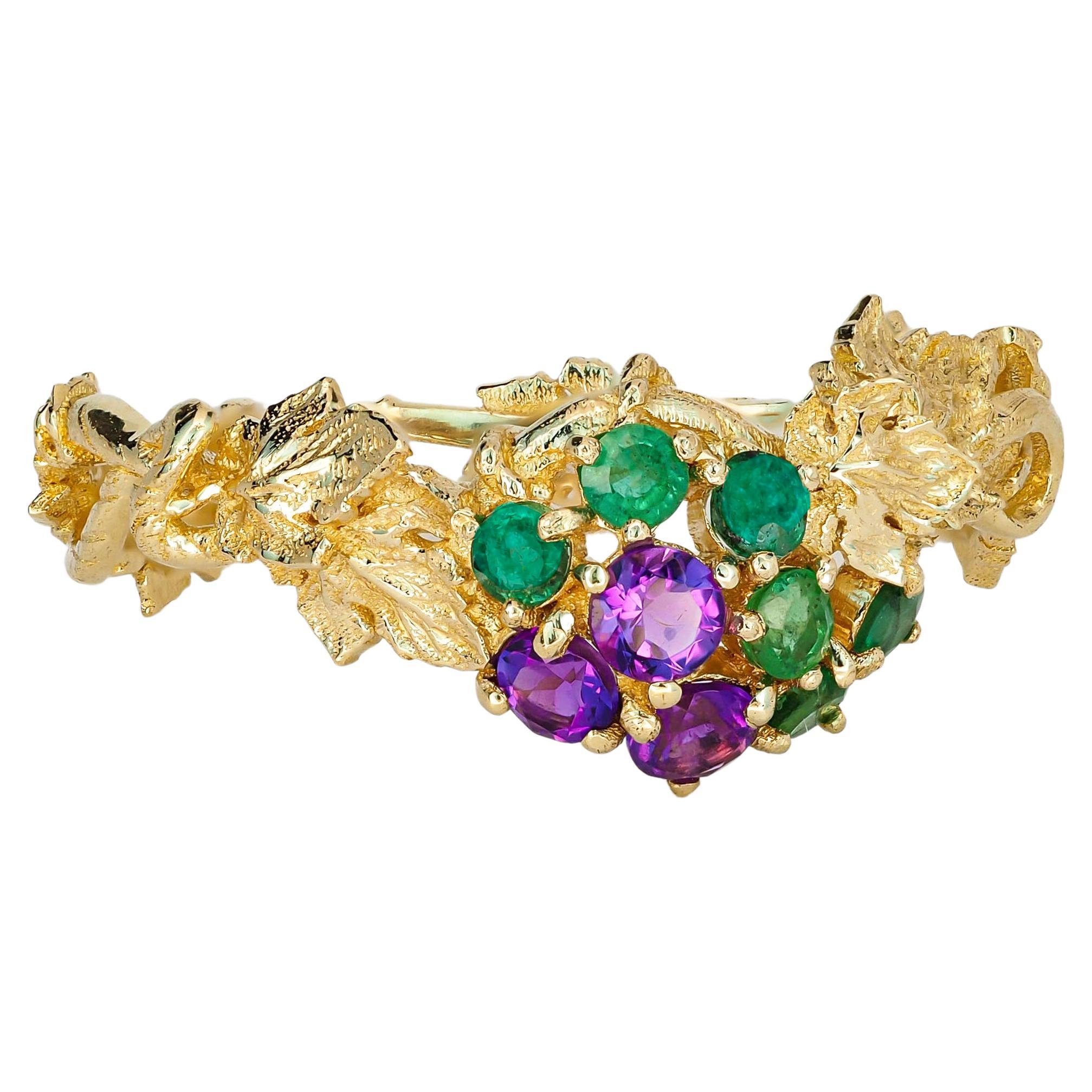 For Sale:  Amethysts and Emeralds 14k gold ring. Grape gold ring
