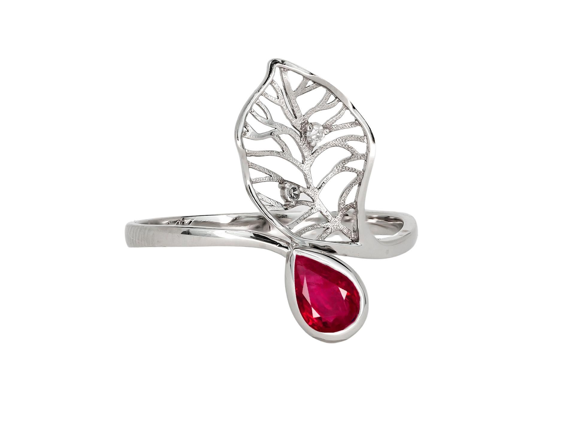For Sale:  14 Kt Gold Ring with Ruby and Diamonds, Gold Flower Ring, Leaf Gold Ring 10