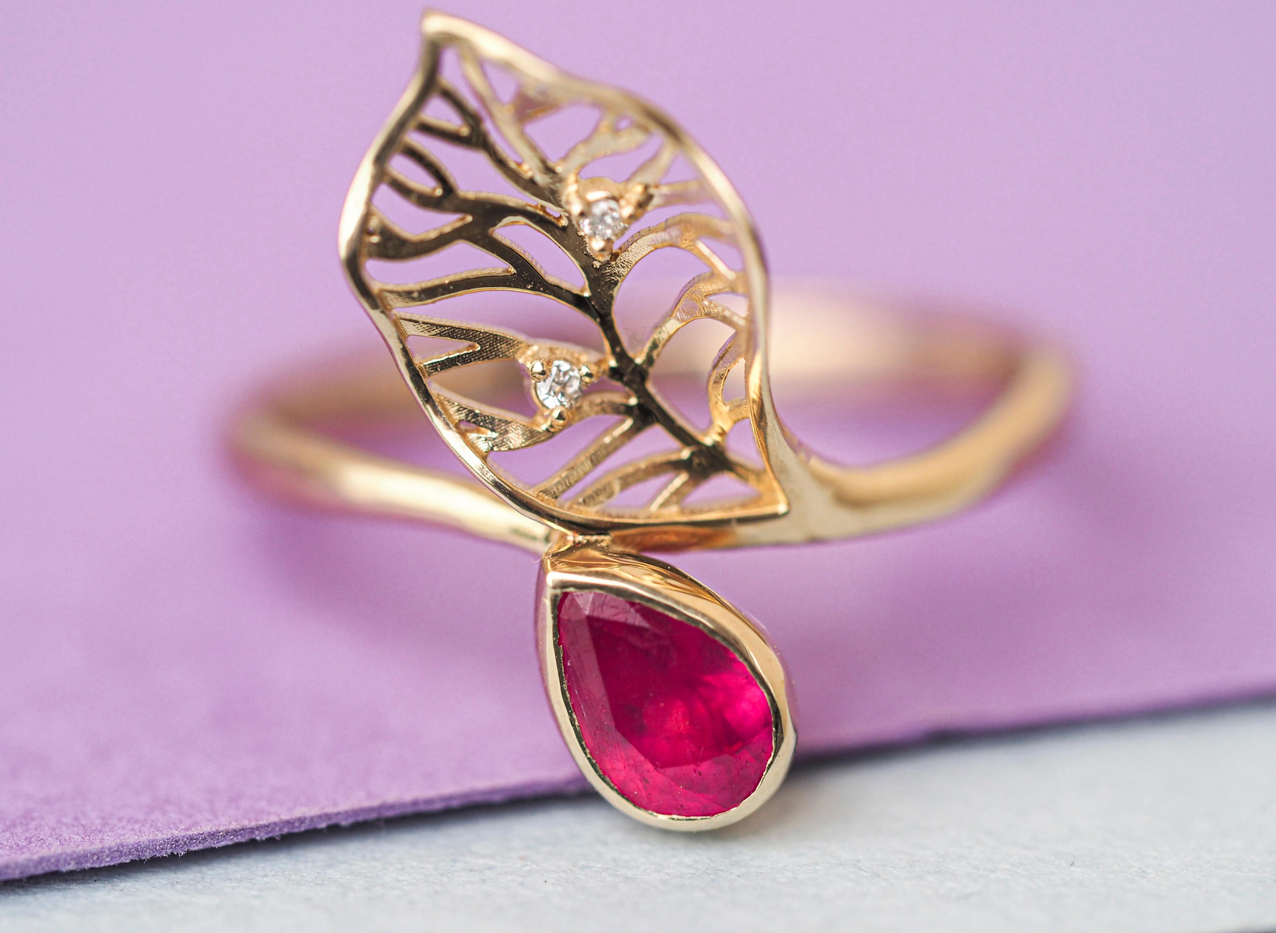 For Sale:  14 Kt Gold Ring with Ruby and Diamonds, Gold Flower Ring, Leaf Gold Ring 2