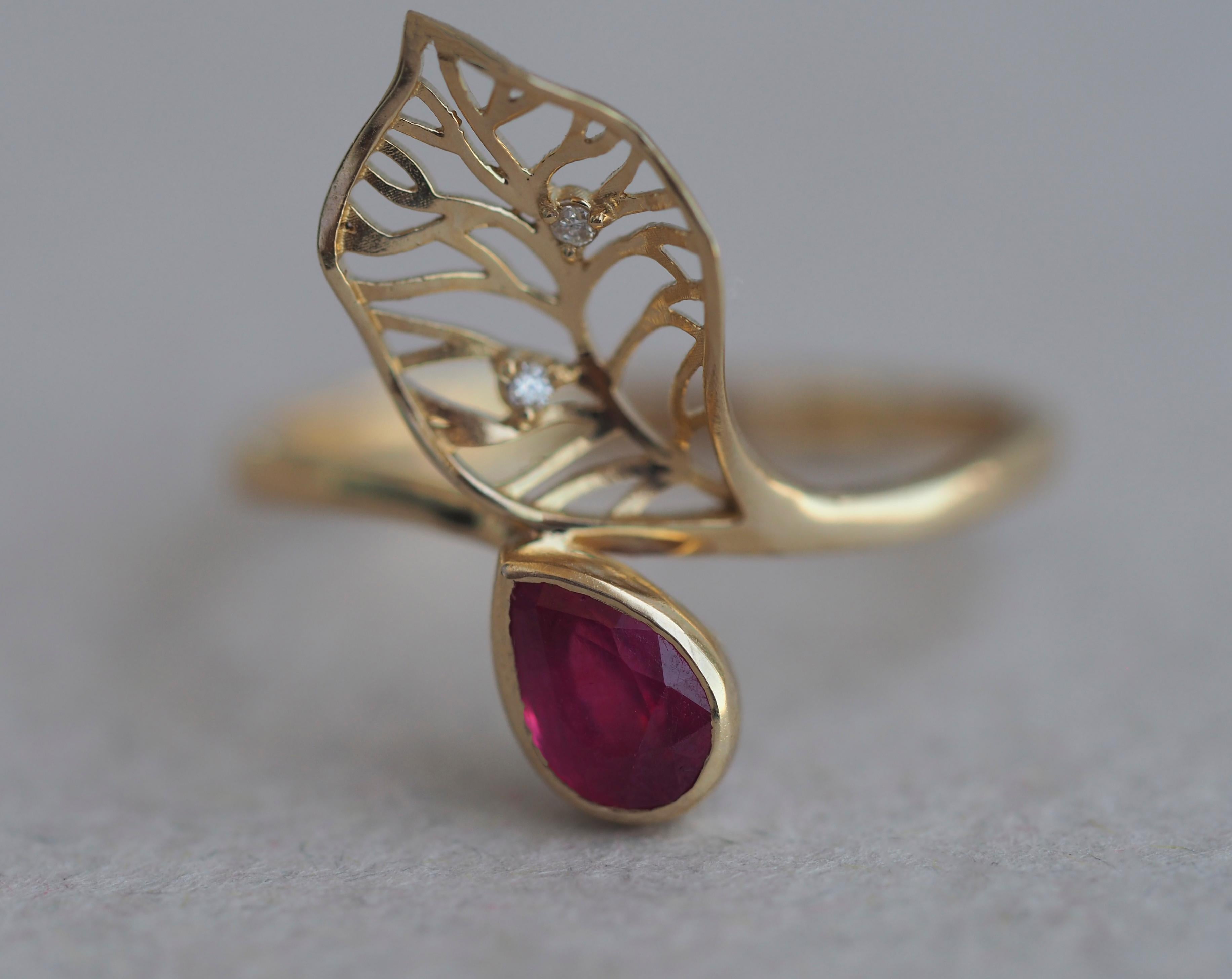 For Sale:  14 Kt Gold Ring with Ruby and Diamonds, Gold Flower Ring, Leaf Gold Ring 3