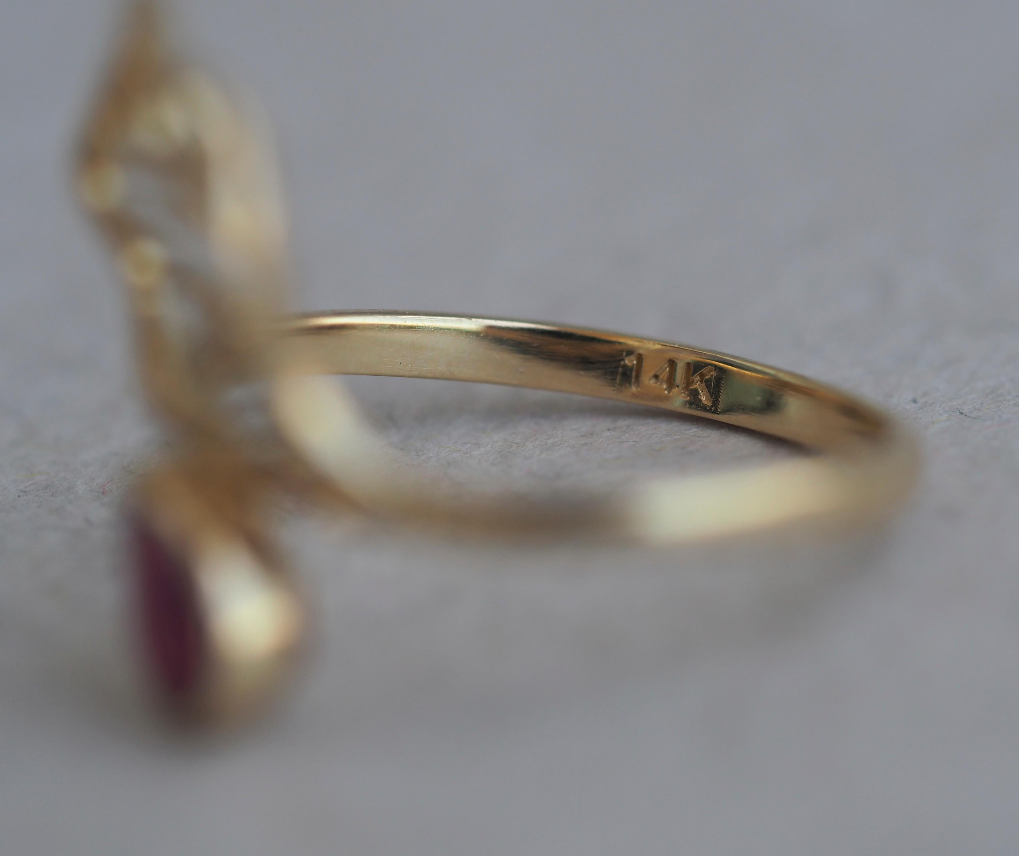 For Sale:  14 Kt Gold Ring with Ruby and Diamonds, Gold Flower Ring, Leaf Gold Ring 4