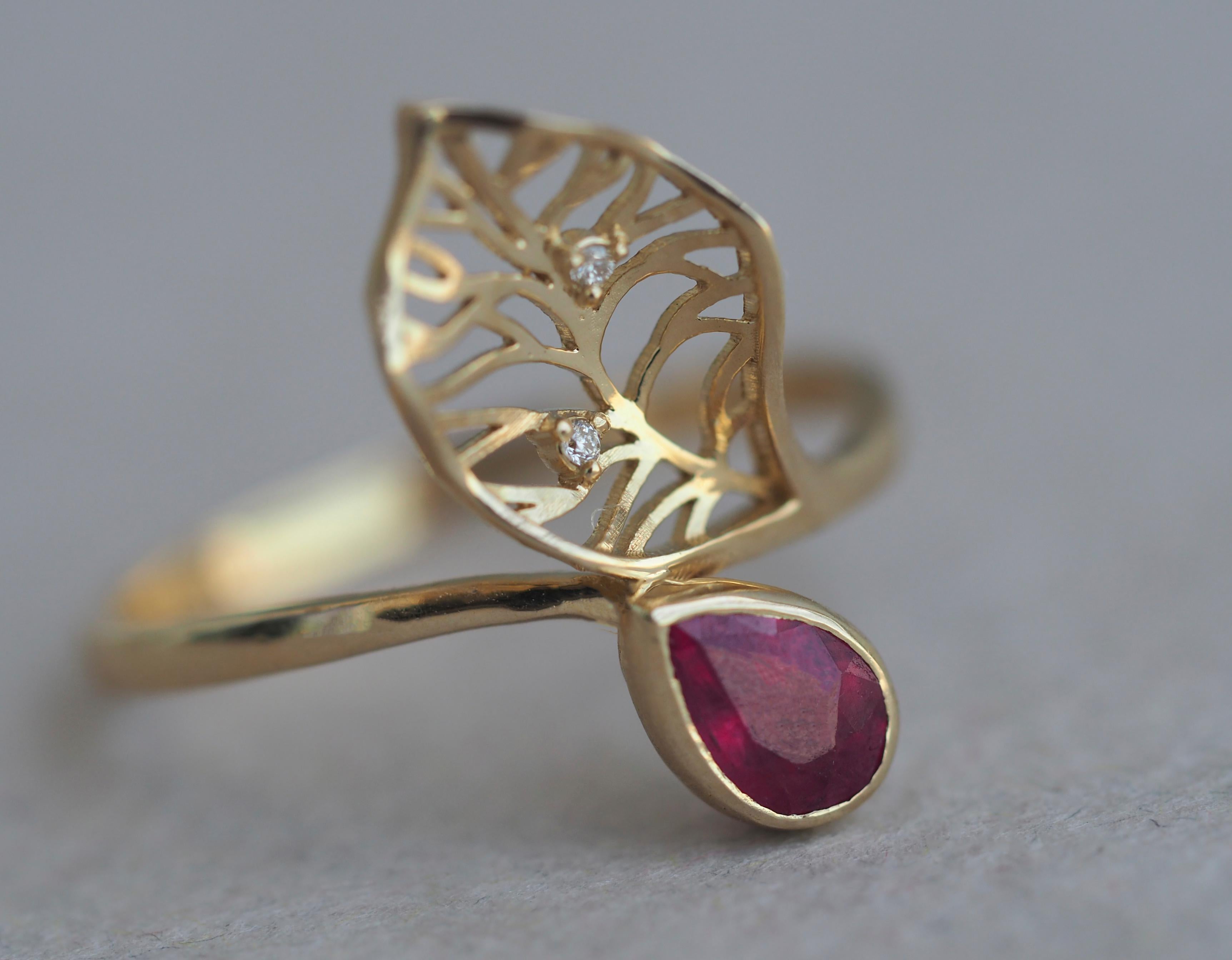 For Sale:  14 Kt Gold Ring with Ruby and Diamonds, Gold Flower Ring, Leaf Gold Ring 5