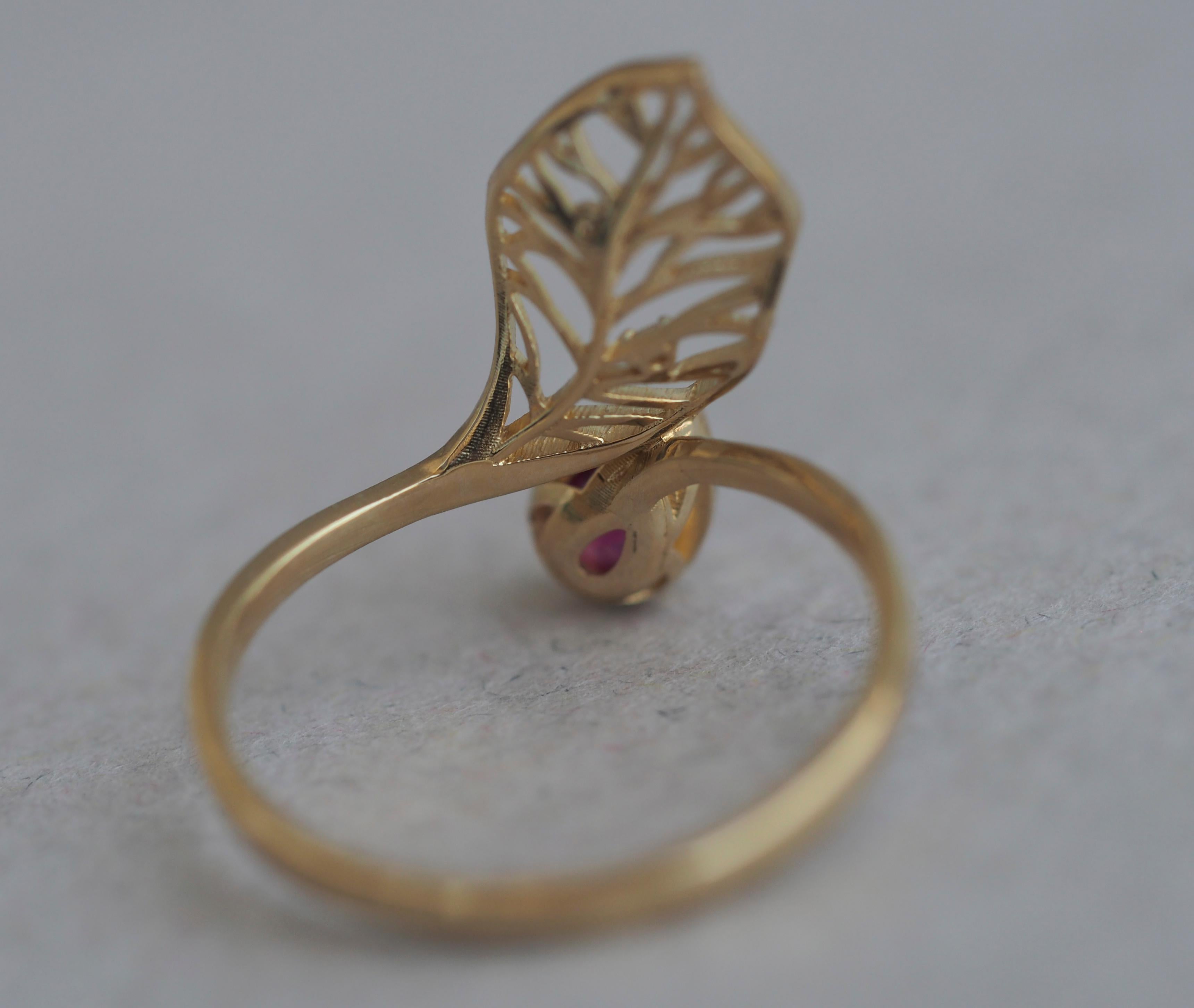 For Sale:  14 Kt Gold Ring with Ruby and Diamonds, Gold Flower Ring, Leaf Gold Ring 6