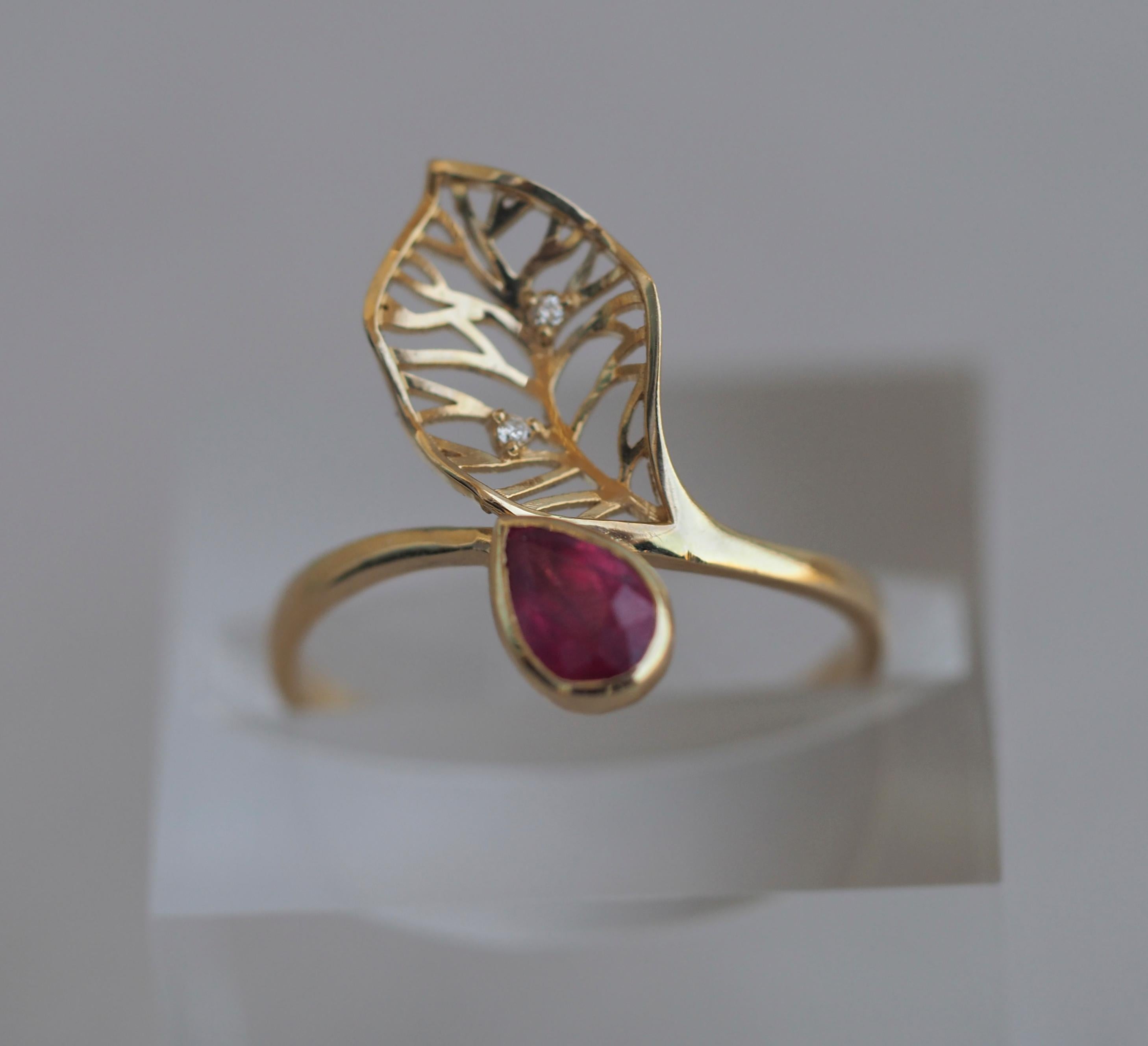 For Sale:  14 Kt Gold Ring with Ruby and Diamonds, Gold Flower Ring, Leaf Gold Ring 7