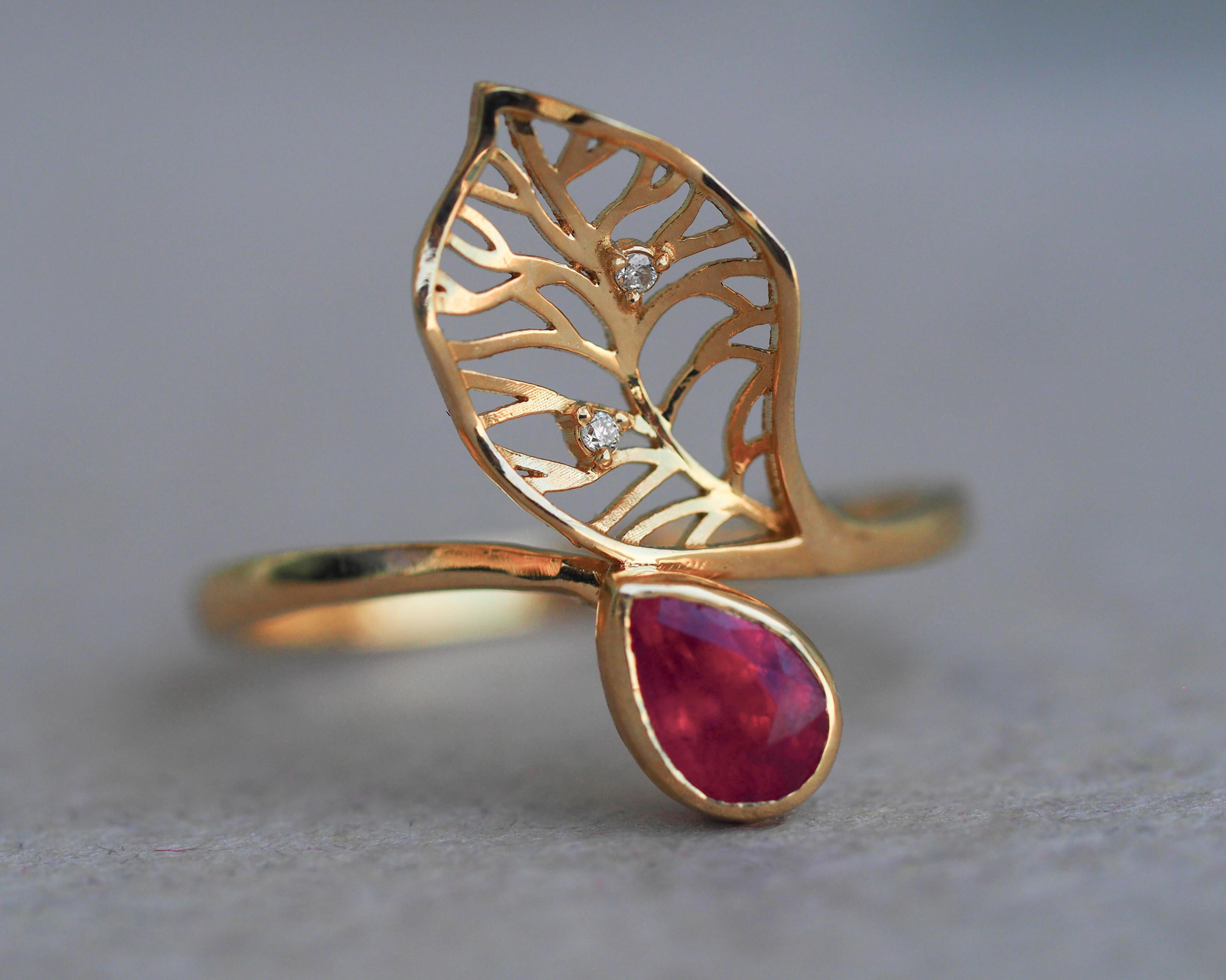 For Sale:  14 Kt Gold Ring with Ruby and Diamonds, Gold Flower Ring, Leaf Gold Ring 8