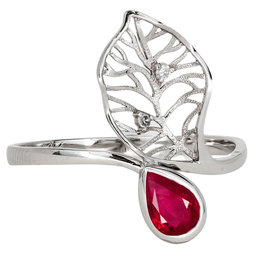 For Sale:  14 Kt Gold Ring with Ruby and Diamonds, Gold Flower Ring, Leaf Gold Ring