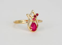 14k Gold Tulip Flower Ring With Rubies