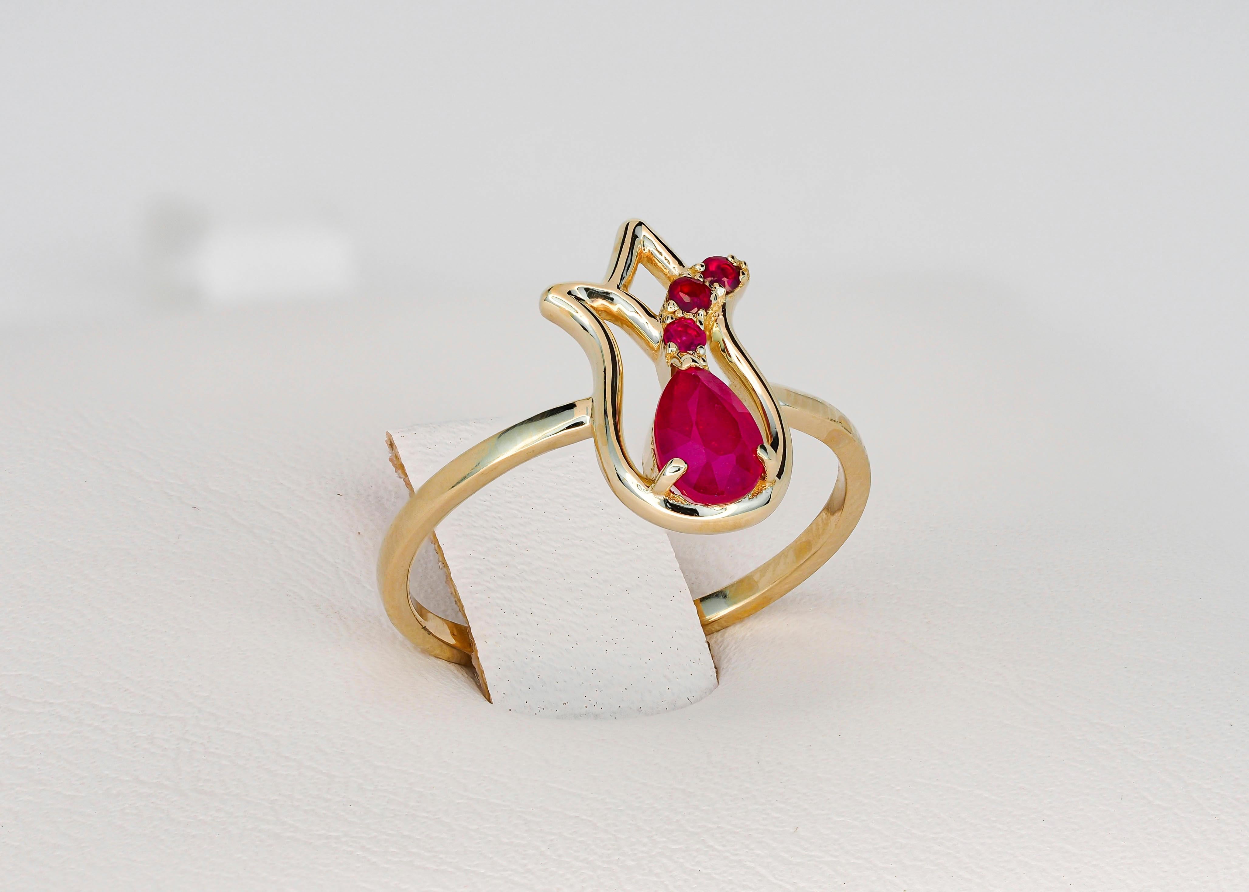 For Sale:  14 Karat Gold Ring with Ruby and Side Rubies. Gold Tulip Flower Ring ! 5
