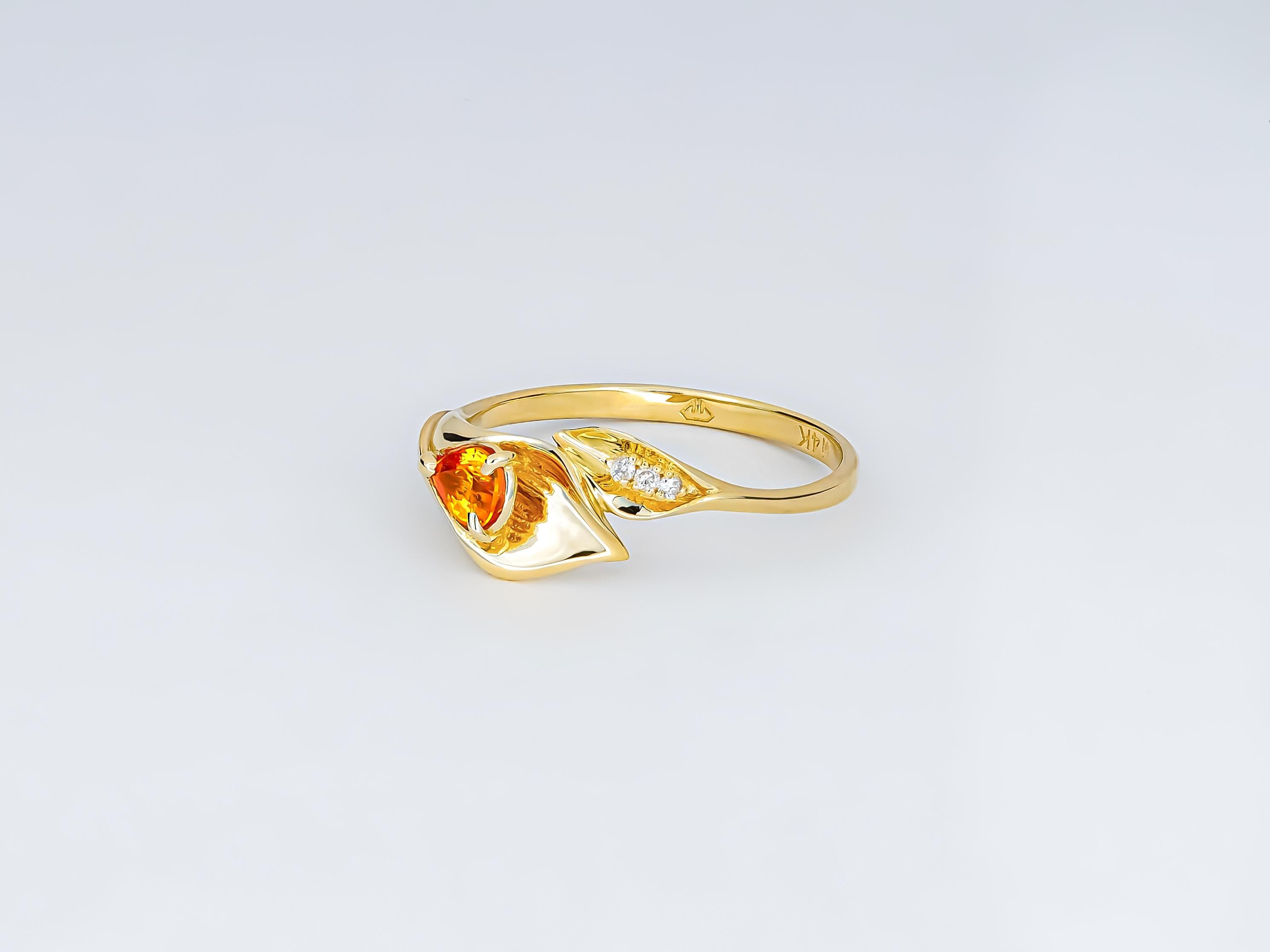 14 Kt Gold Ring with Sapphire and Diamonds, Lily Calla Gold Ring For Sale 4