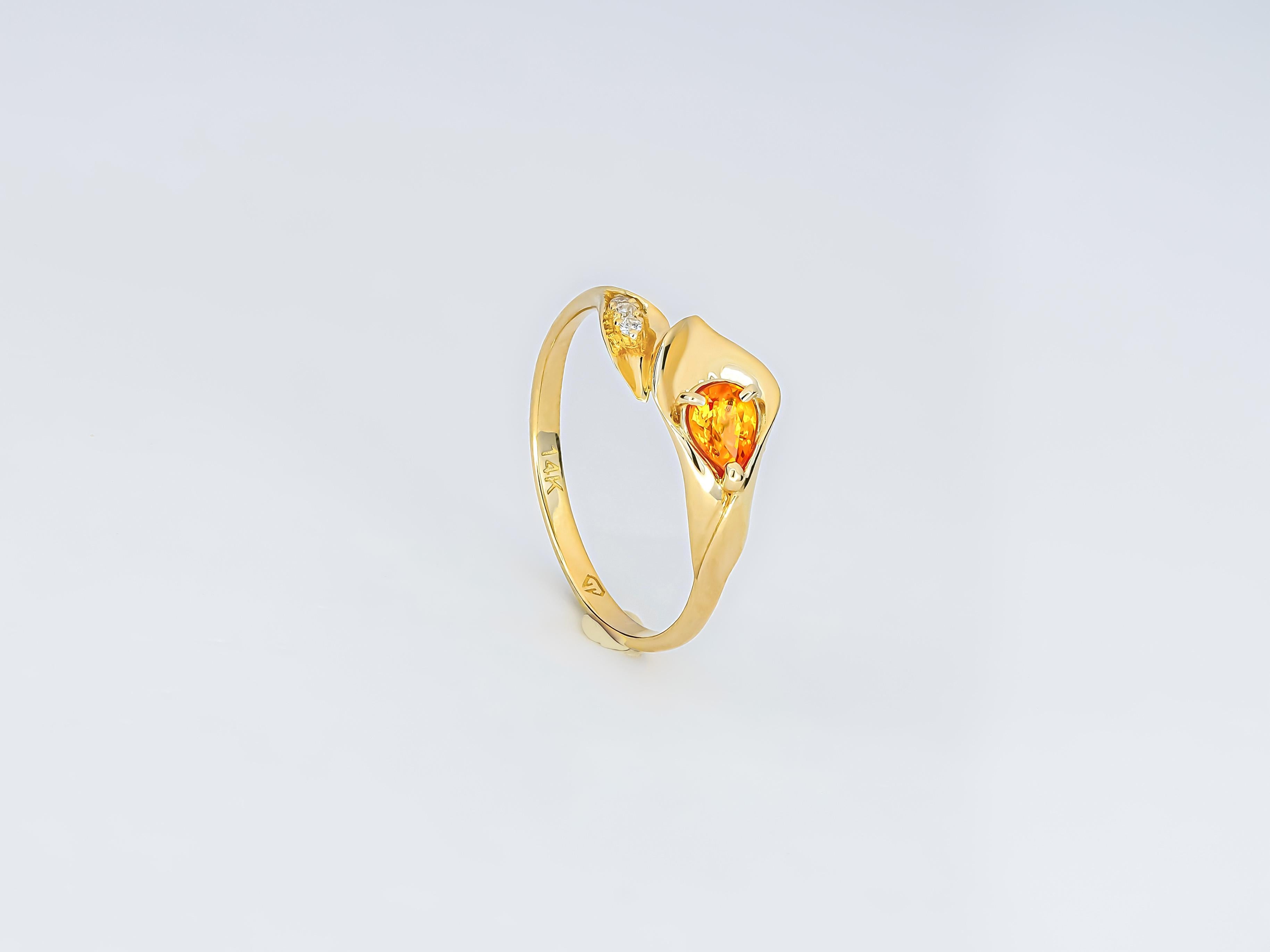 14 Kt Gold Ring with Sapphire and Diamonds, Lily Calla Gold Ring For Sale 5