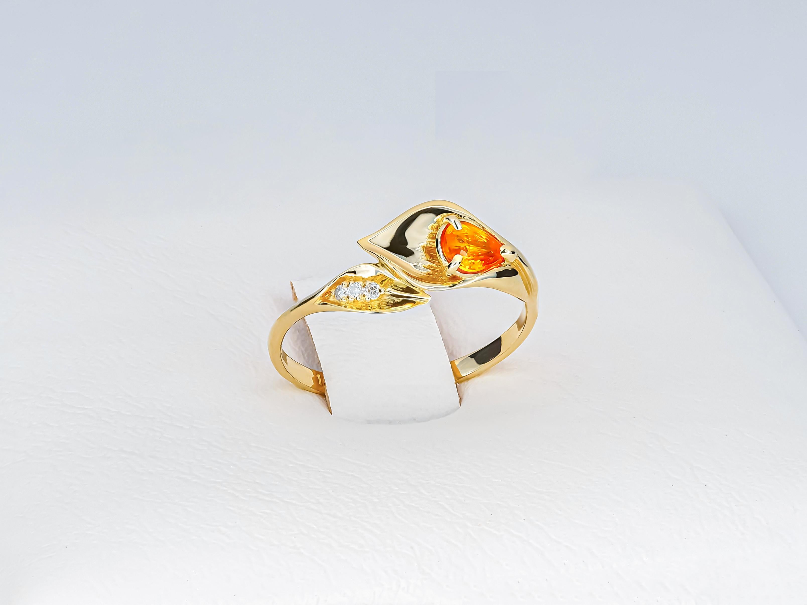 14 Kt Gold Ring with Sapphire and Diamonds, Lily Calla Gold Ring In New Condition For Sale In Istanbul, TR