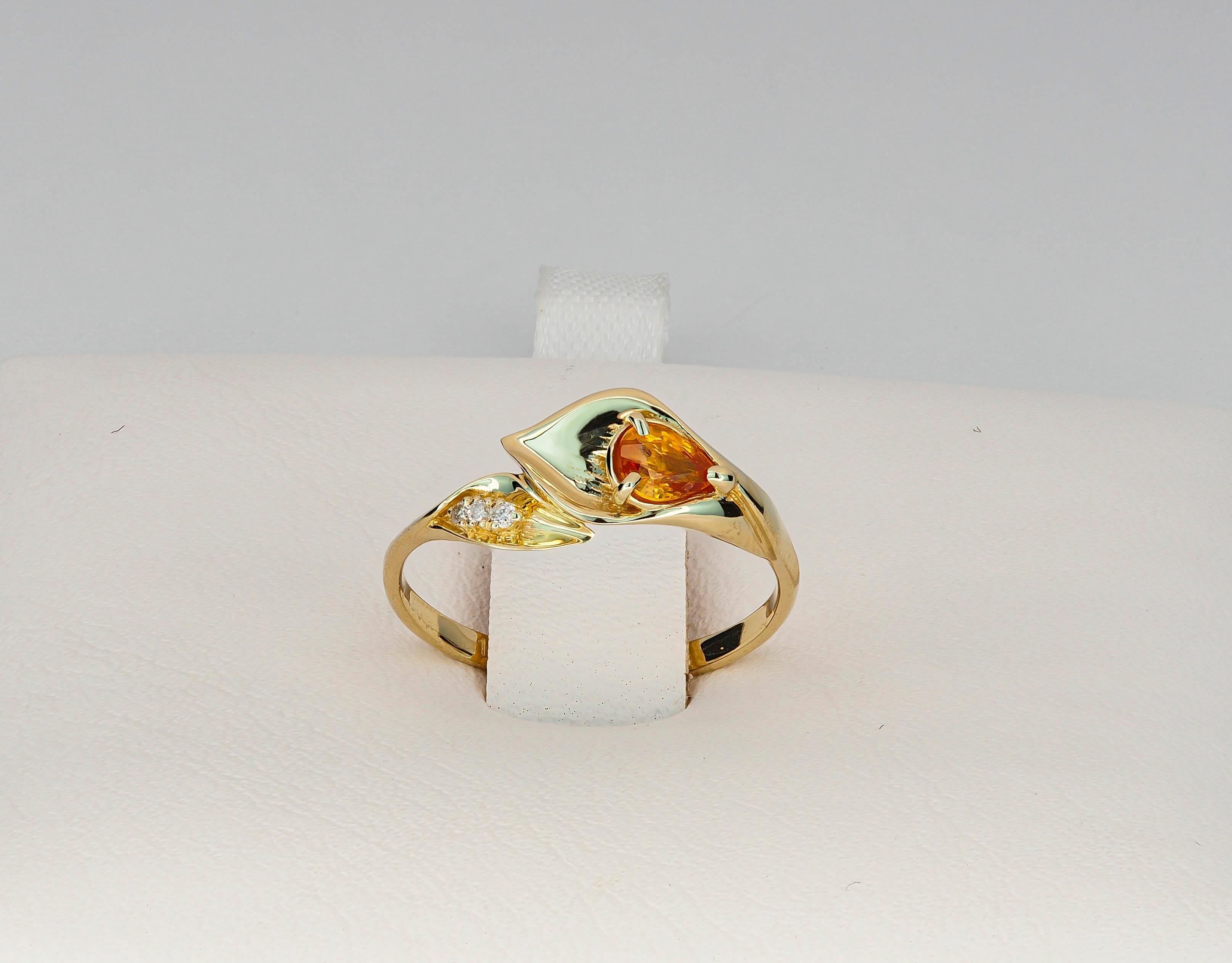 For Sale:  14 Kt Gold Ring with Sapphire and Diamonds, Lily Calla Gold Ring 5