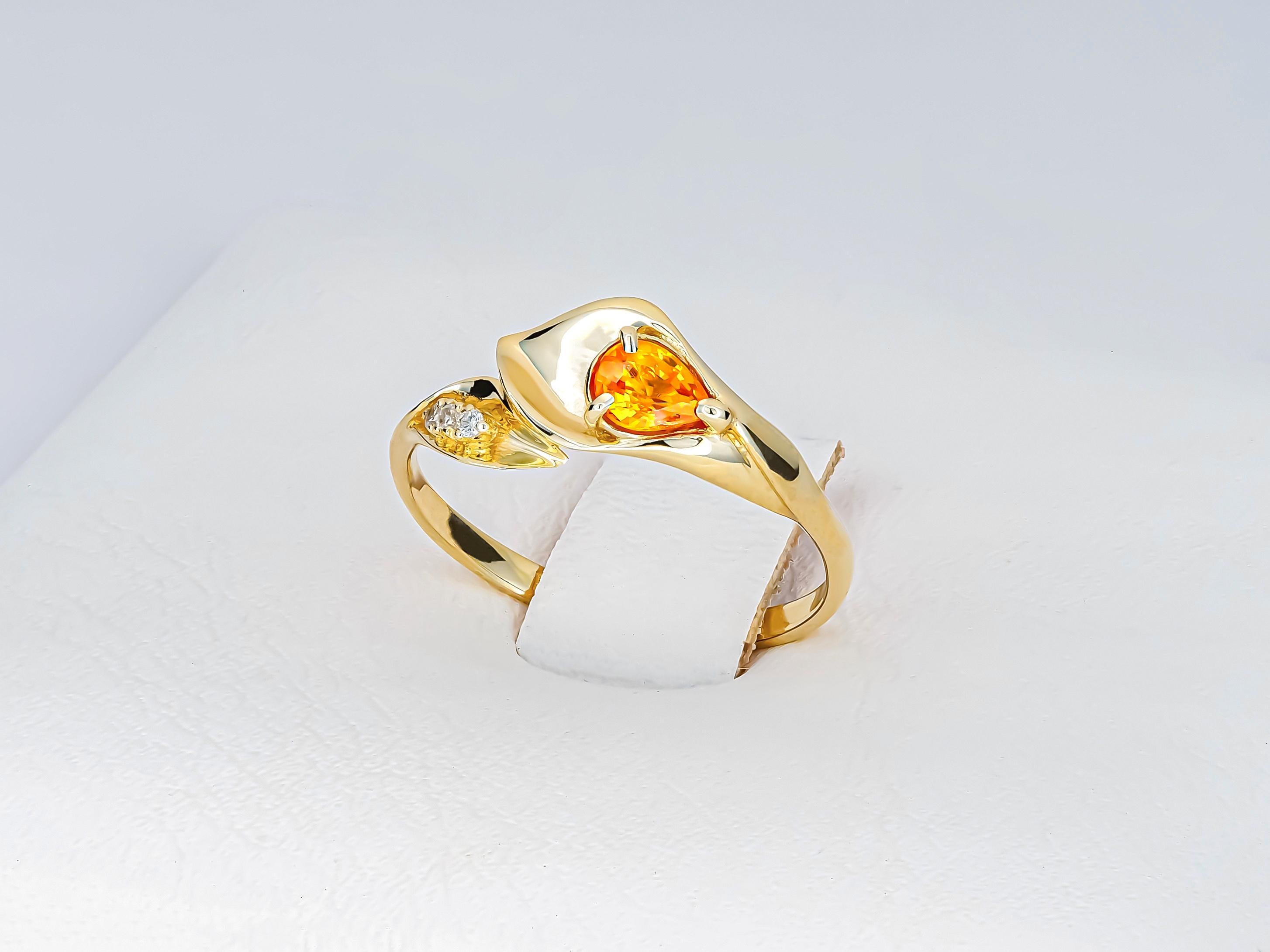 Women's 14 Kt Gold Ring with Sapphire and Diamonds, Lily Calla Gold Ring For Sale