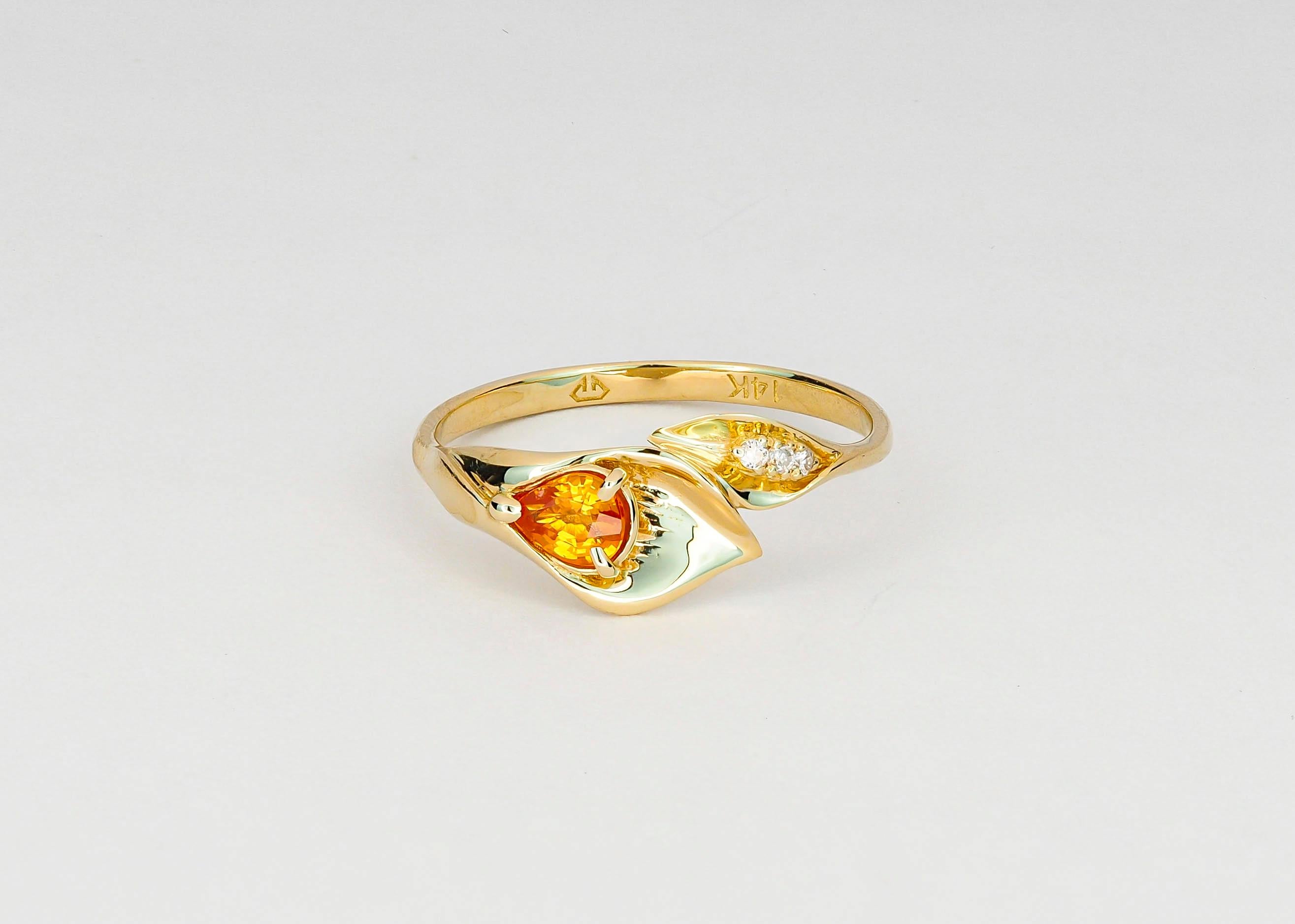 For Sale:  14 Kt Gold Ring with Sapphire and Diamonds, Lily Calla Gold Ring 6