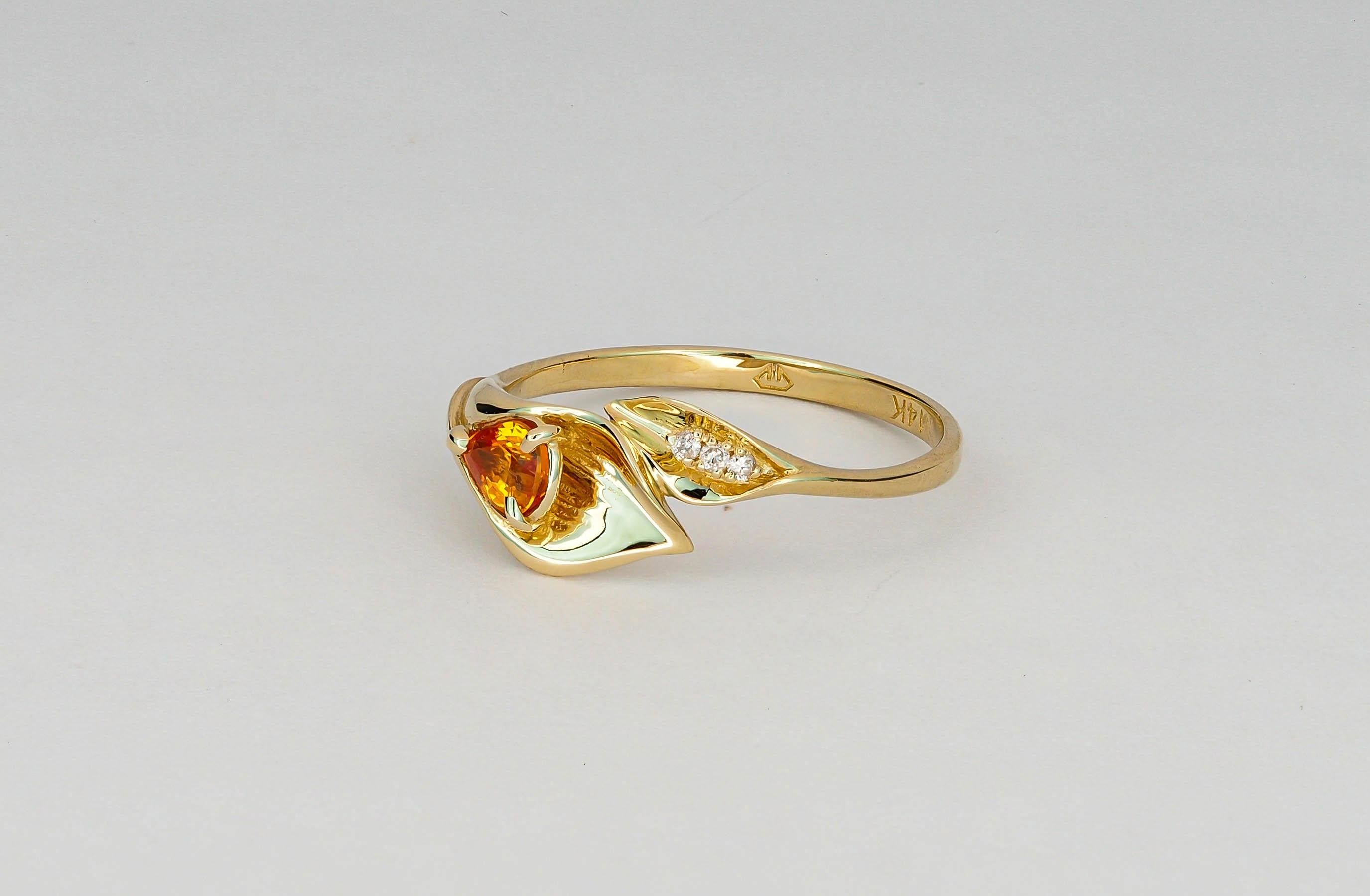 For Sale:  14 Kt Gold Ring with Sapphire and Diamonds, Lily Calla Gold Ring 7