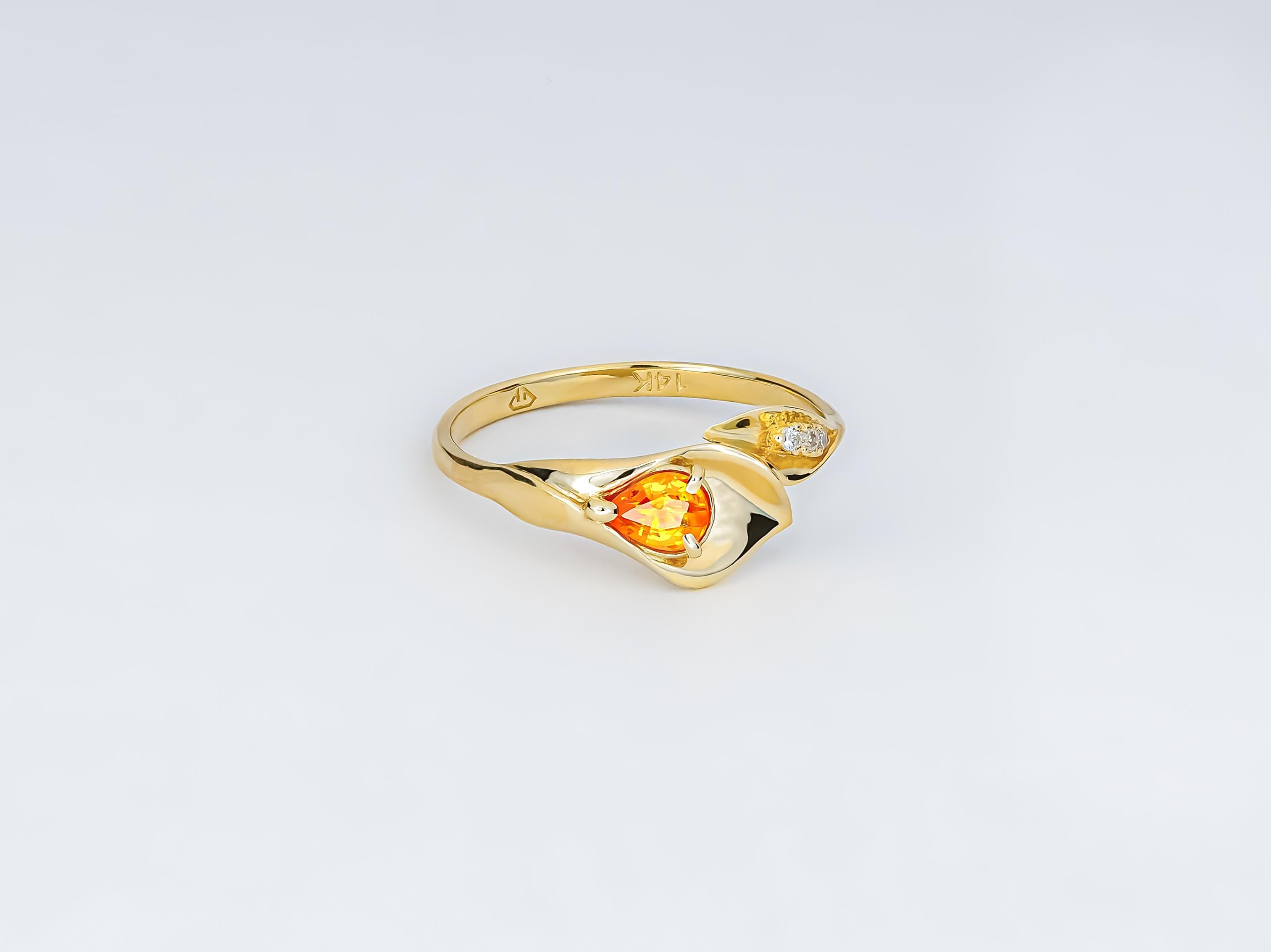 14 Kt Gold Ring with Sapphire and Diamonds, Lily Calla Gold Ring For Sale 2