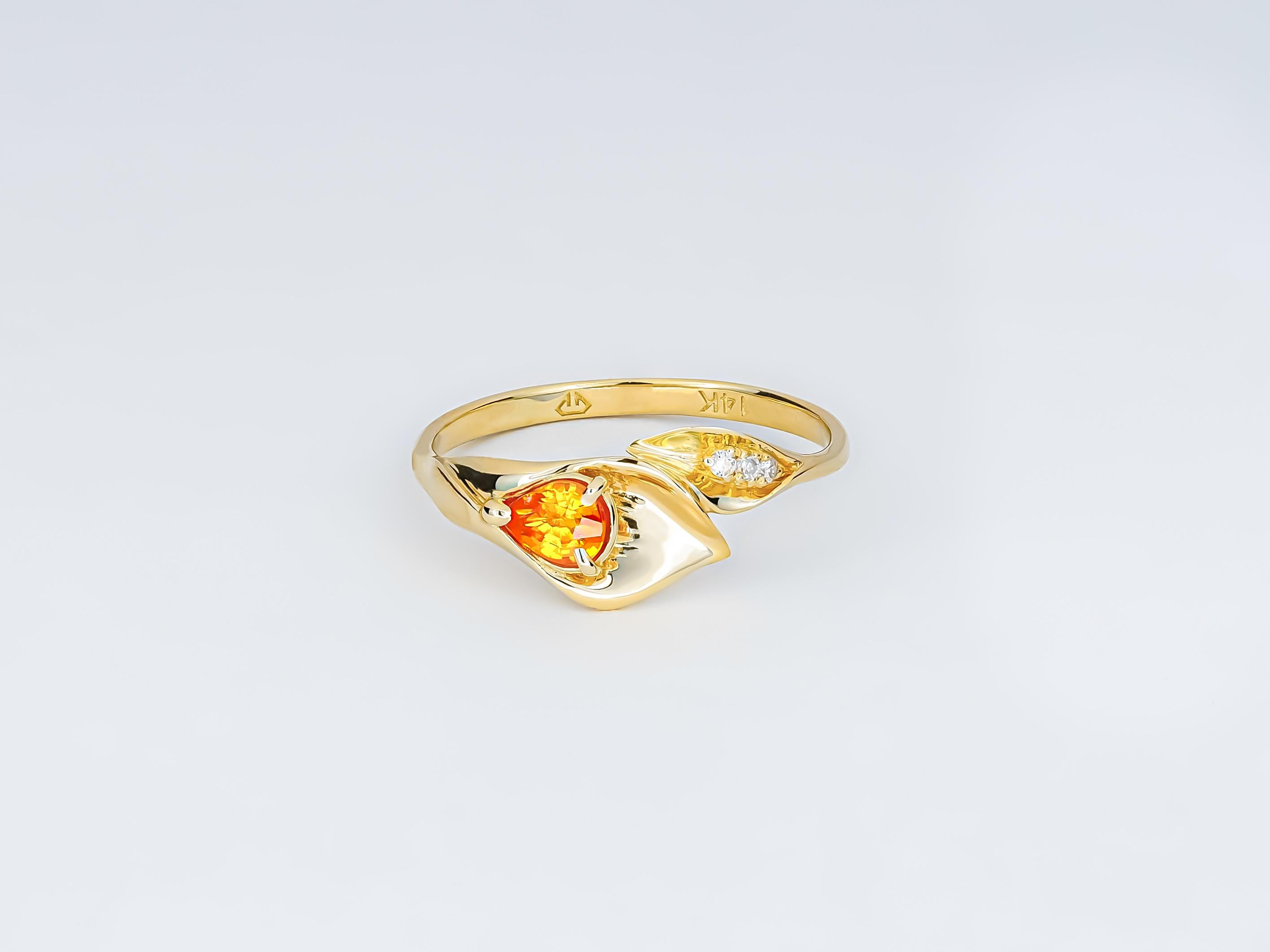 14 Kt Gold Ring with Sapphire and Diamonds, Lily Calla Gold Ring For Sale 3