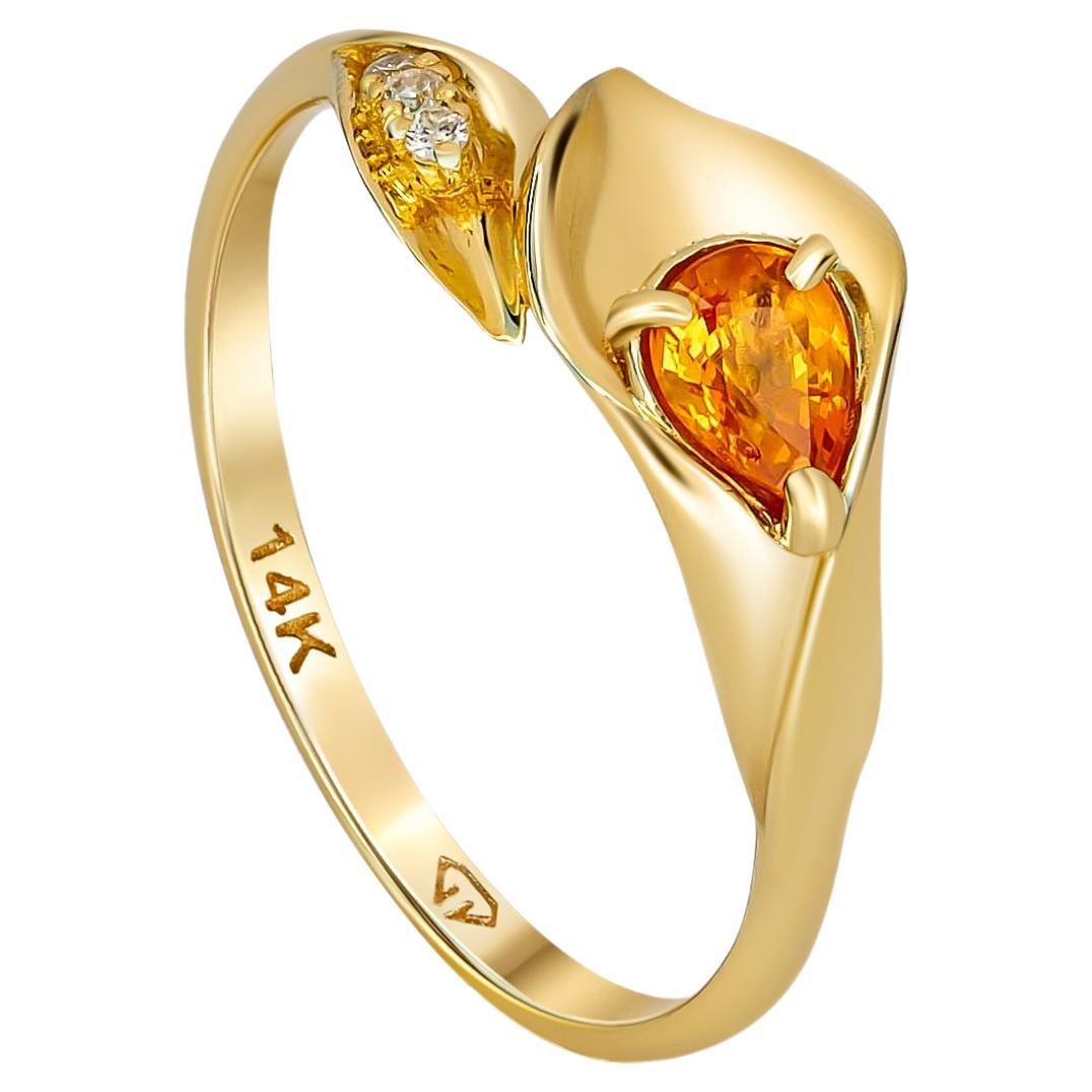 14 Kt Gold Ring with Sapphire and Diamonds, Lily Calla Gold Ring For Sale