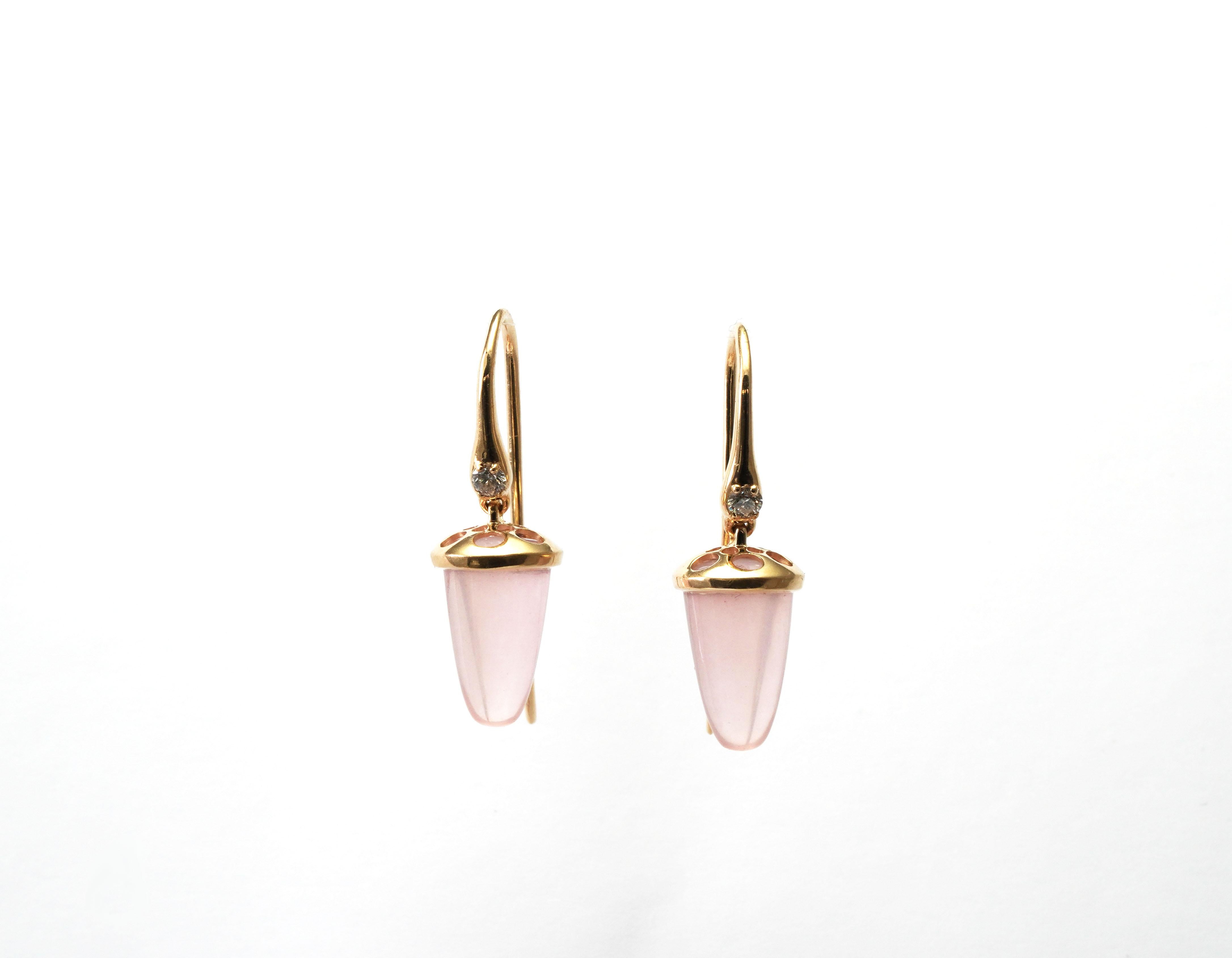 Modern 14 Kt Gold Rose Quartz Diamond Earrings For Sale
