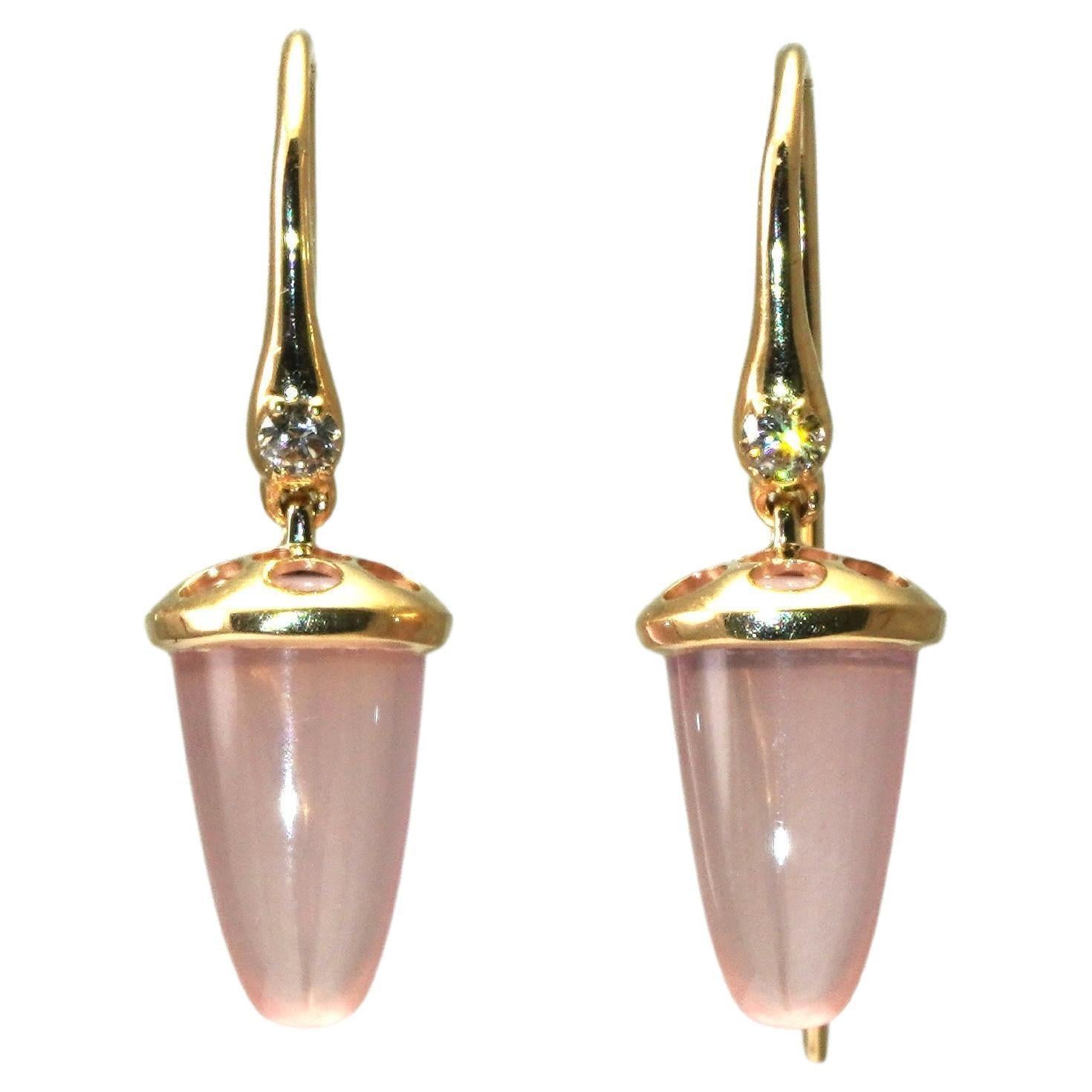 Cabochon 14 Kt Gold Rose Quartz Diamond Earrings For Sale