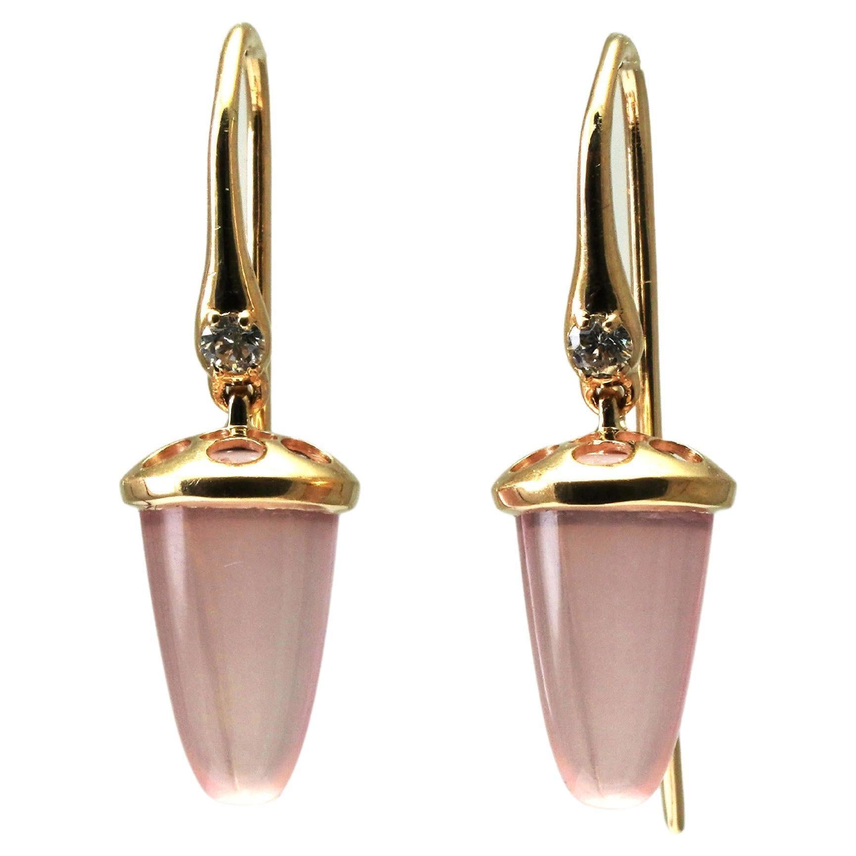 14 Kt Gold Rose Quartz Diamond Earrings In New Condition For Sale In София, BG