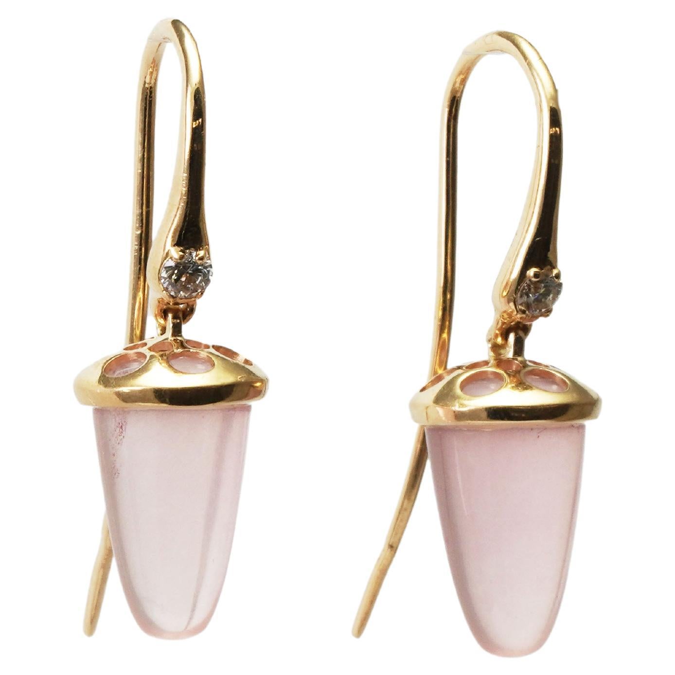 14 Kt Gold Rose Quartz Diamond Earrings For Sale