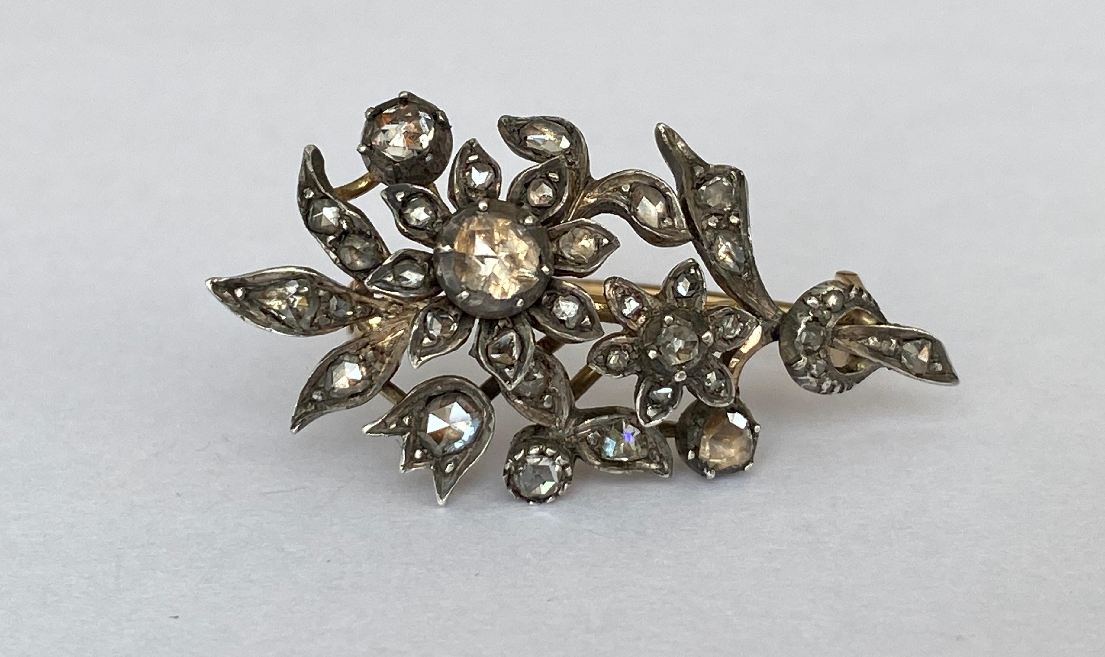 Early Victorian 14 Kt.  Antique Gold, Silver Brooch with 0.90 ct rose cut  Diamonds