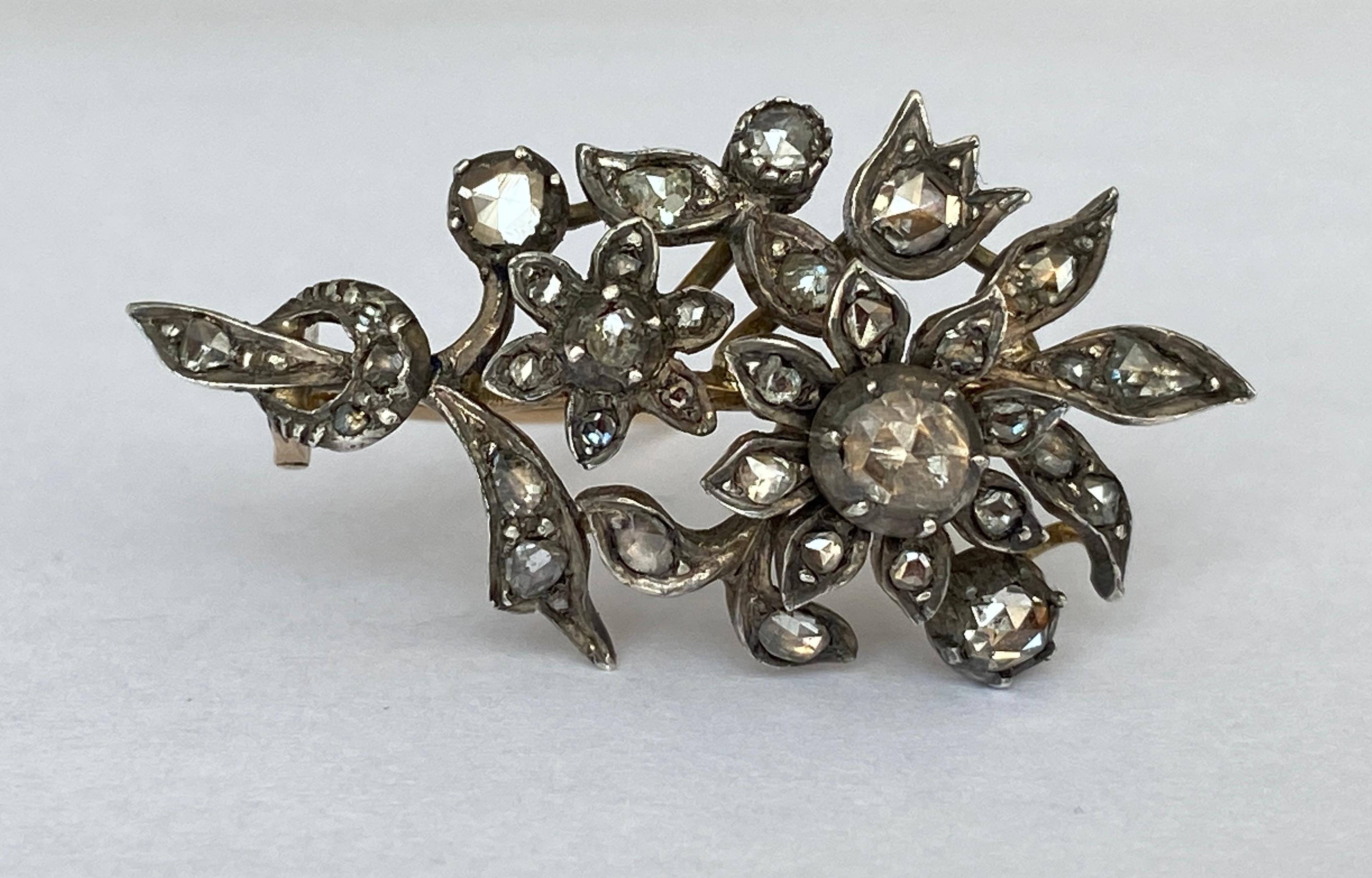 Rose Cut 14 Kt.  Antique Gold, Silver Brooch with 0.90 ct rose cut  Diamonds