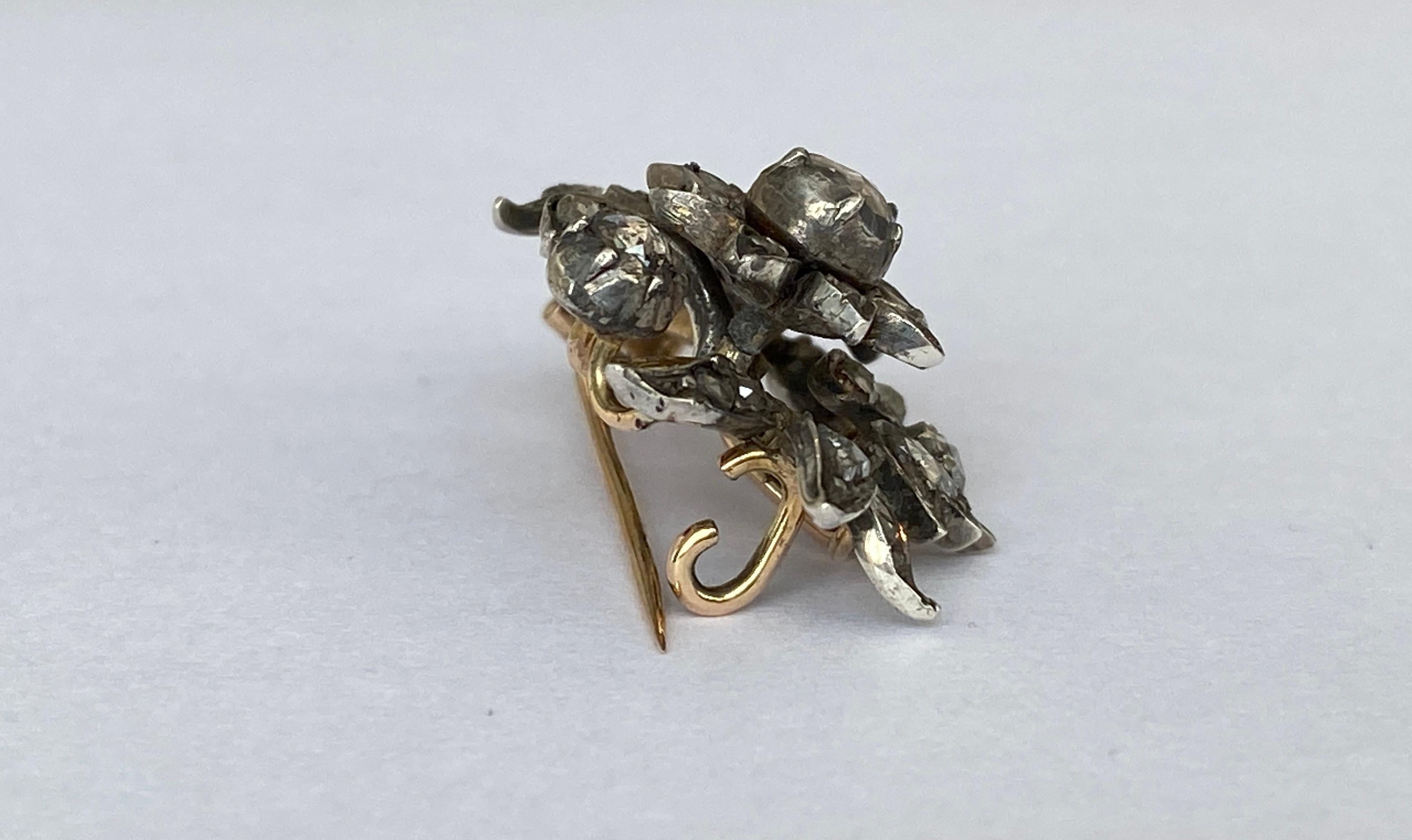 14 Kt.  Antique Gold, Silver Brooch with 0.90 ct rose cut  Diamonds 1