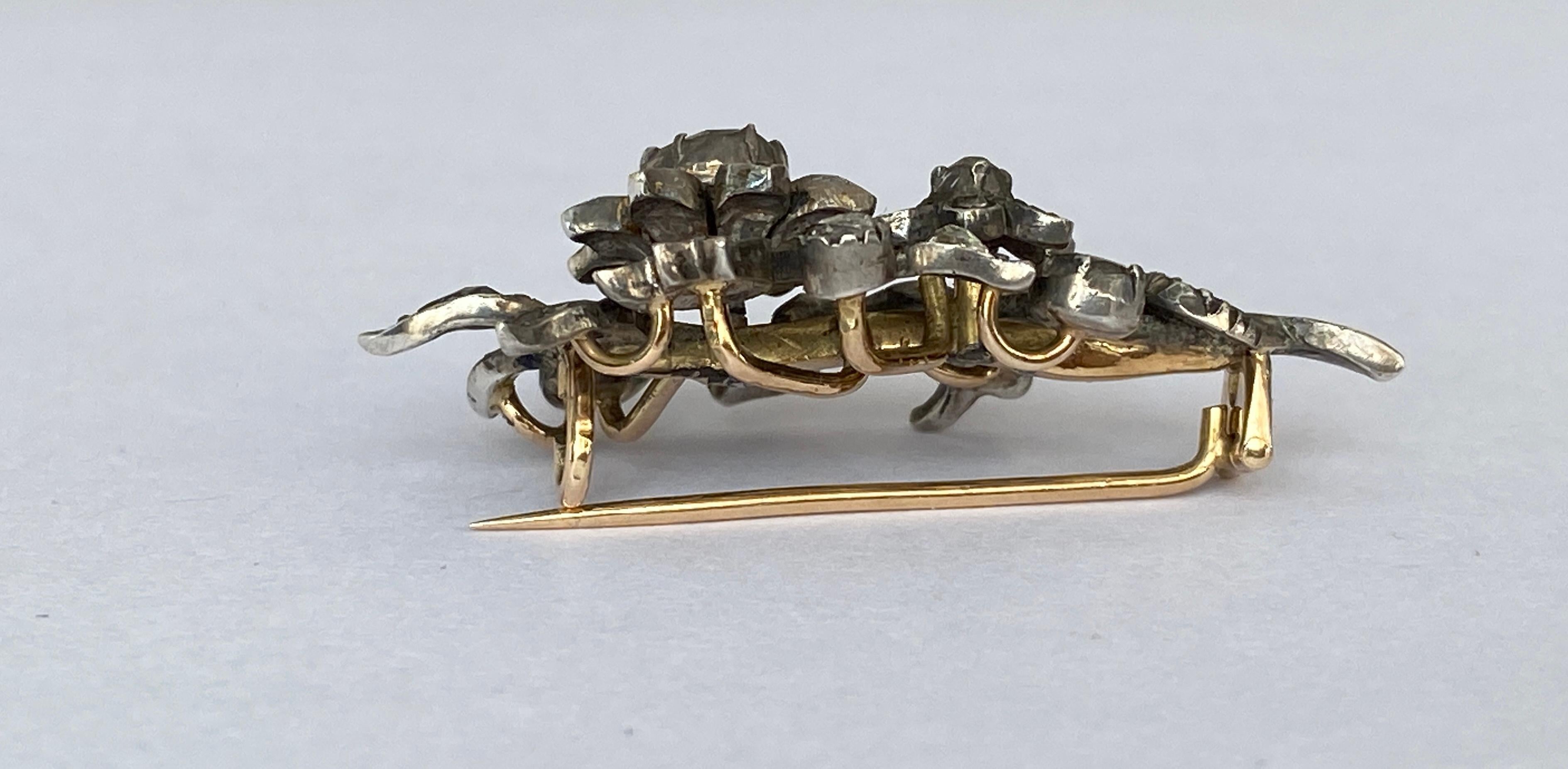 14 Kt.  Antique Gold, Silver Brooch with 0.90 ct rose cut  Diamonds 2