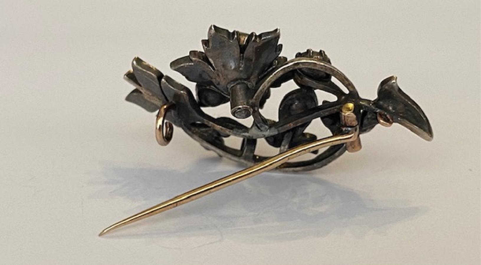 14 Kt. Gold, Silver Brooch with 1.20 Ct rose cut  Diamonds For Sale 1