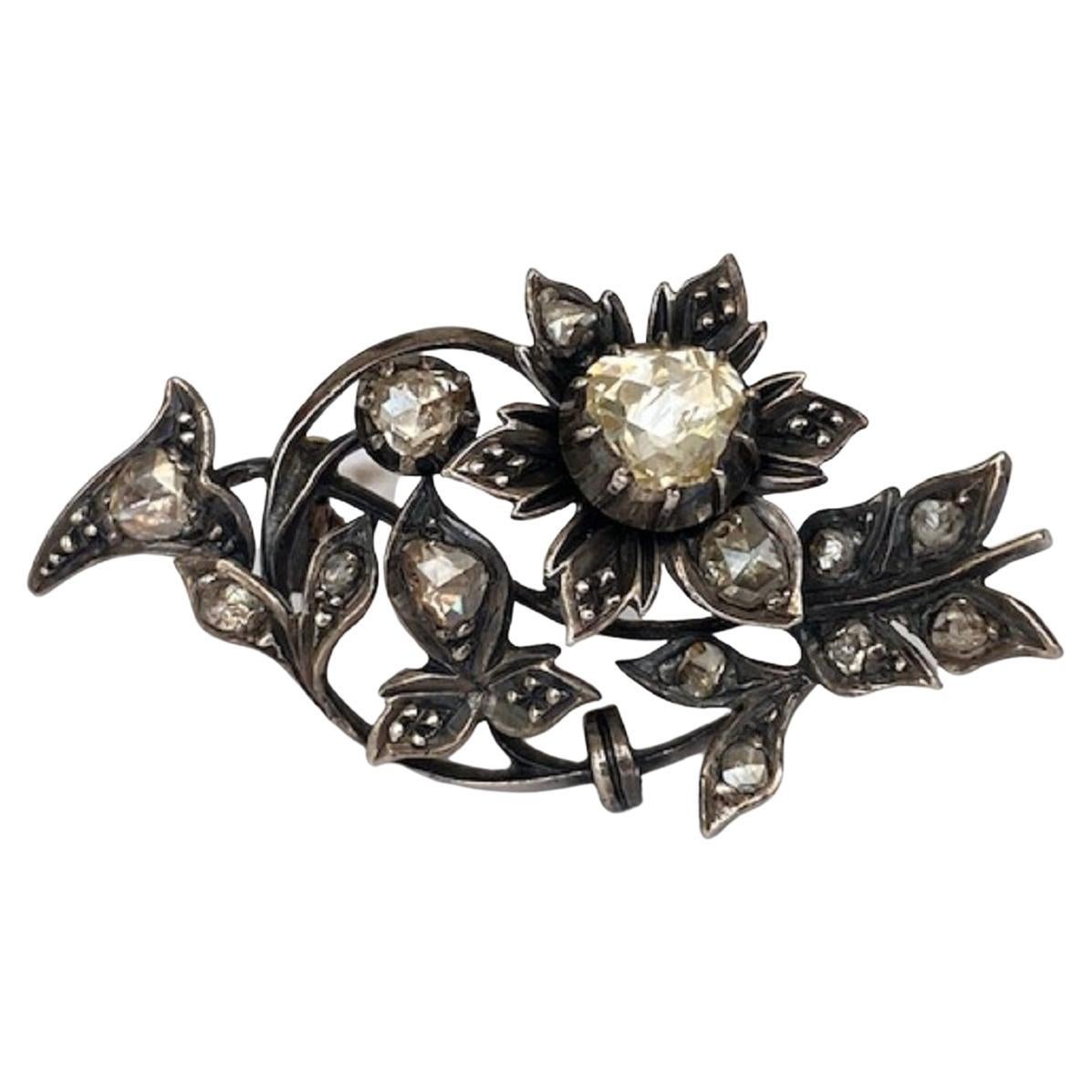 14 Kt. Gold, Silver Brooch with 1.20 Ct rose cut  Diamonds For Sale