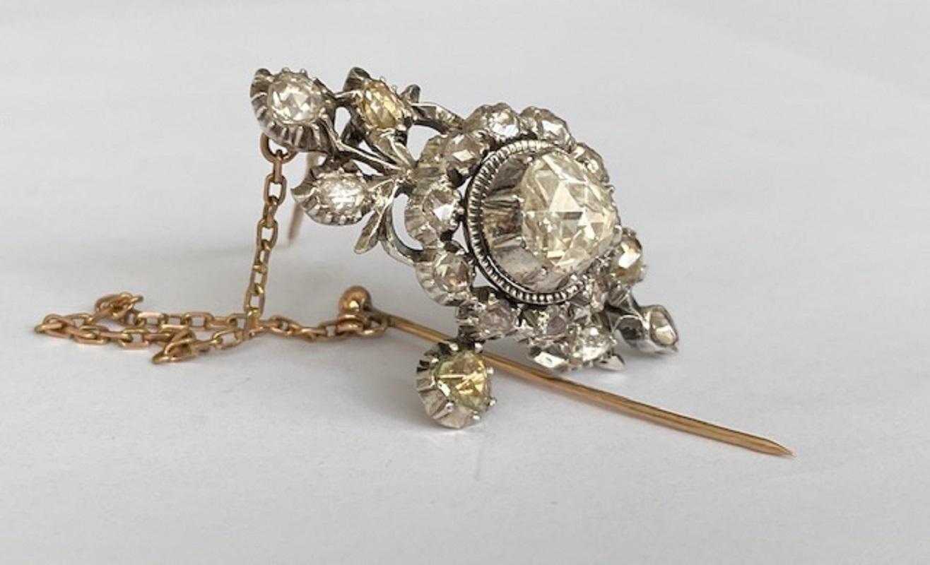 Baroque Revival 14 Kt. Gold, Silver Brooch with 3, 80 Ct Diamonds