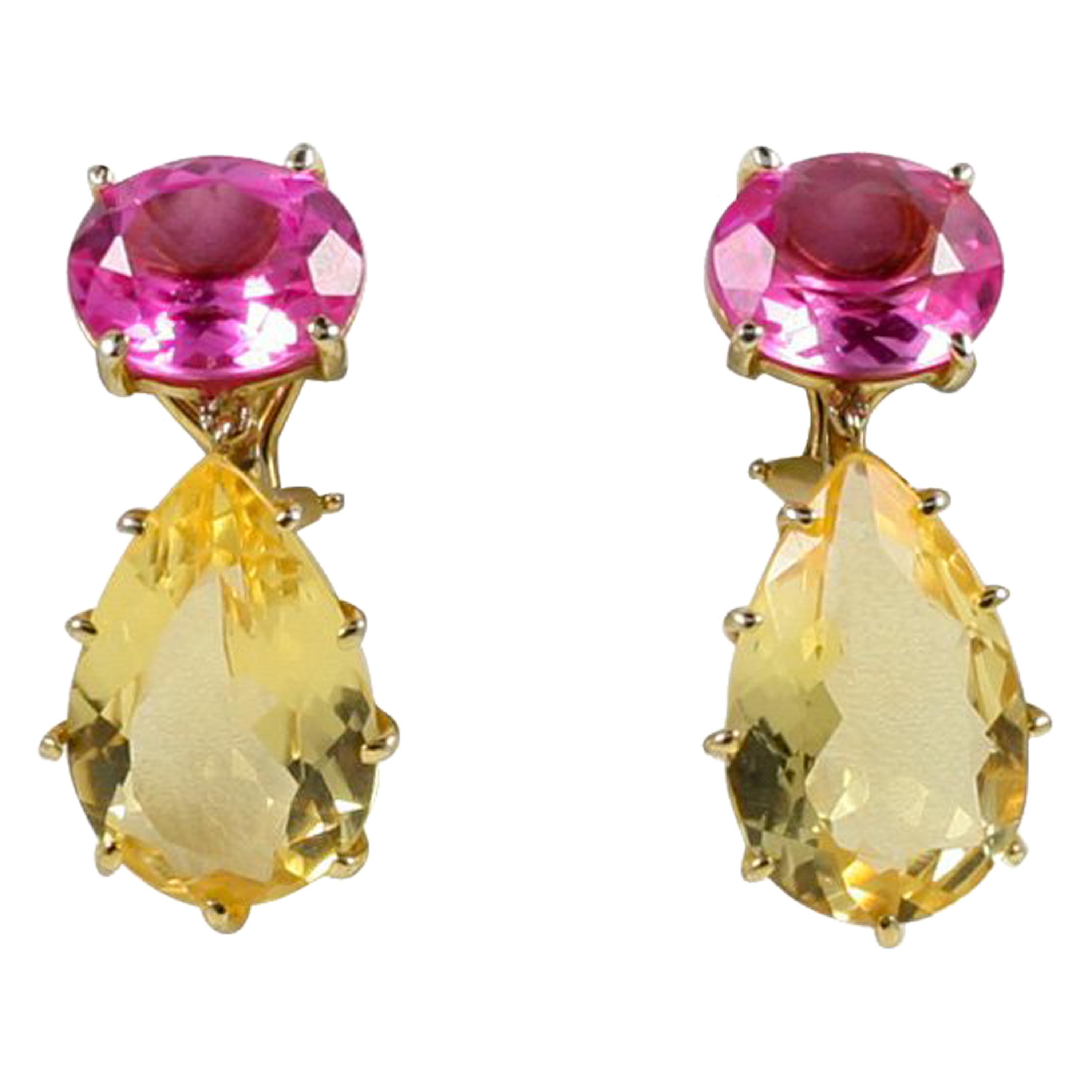 14 kt multi prong drop earing with pink topaz and citrine