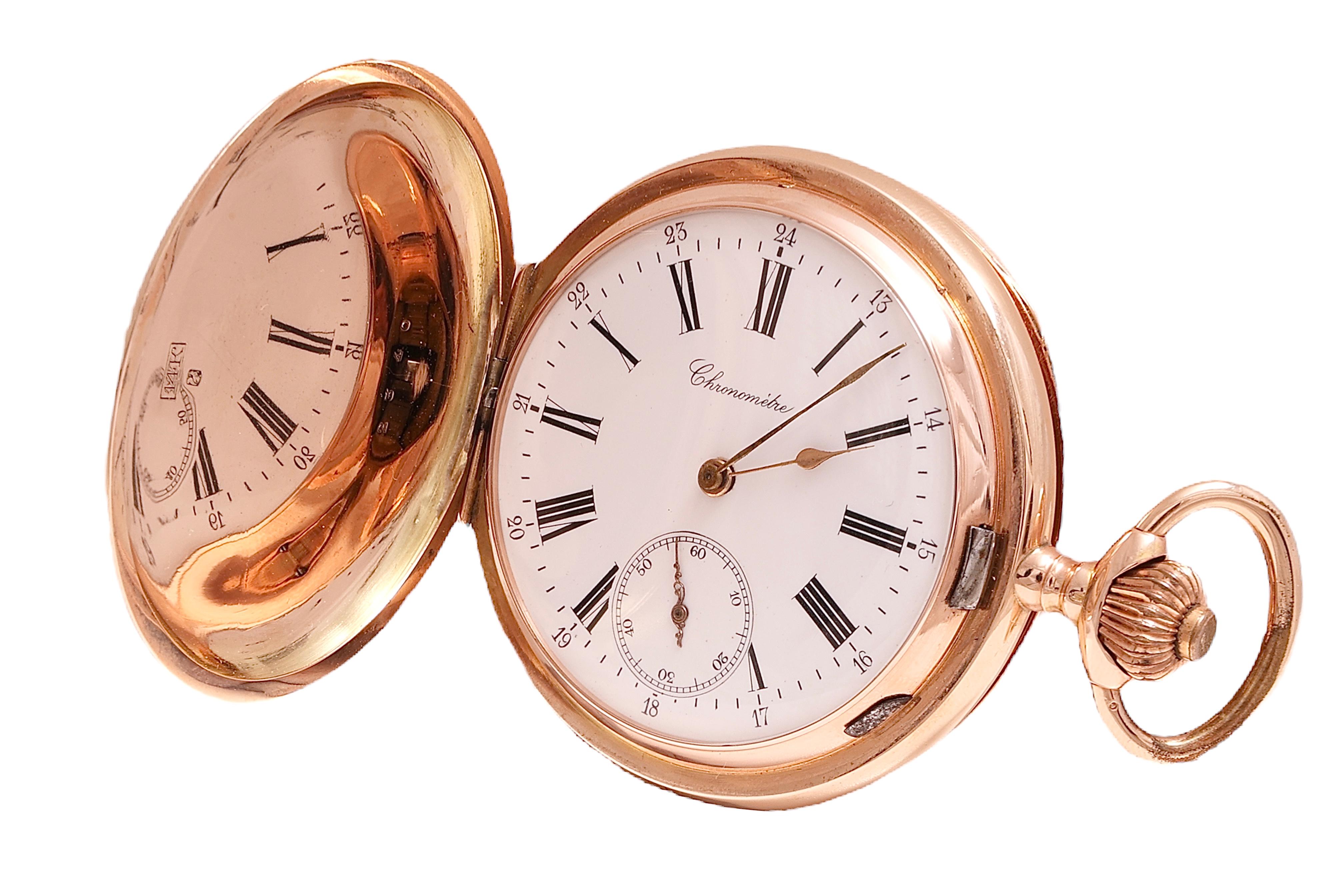 Collectors Extremely Rare 14 kt. Pink Gold Chronomètre Pocket Watch with Subsidiary Seconds & Tonneau Form Balance Spring like Deck Chronometer 

Movement: DETENT CHRONOMETER w/ HELICAL HAIRSPRING, Hand-winding with Cilinder Form Balance like the