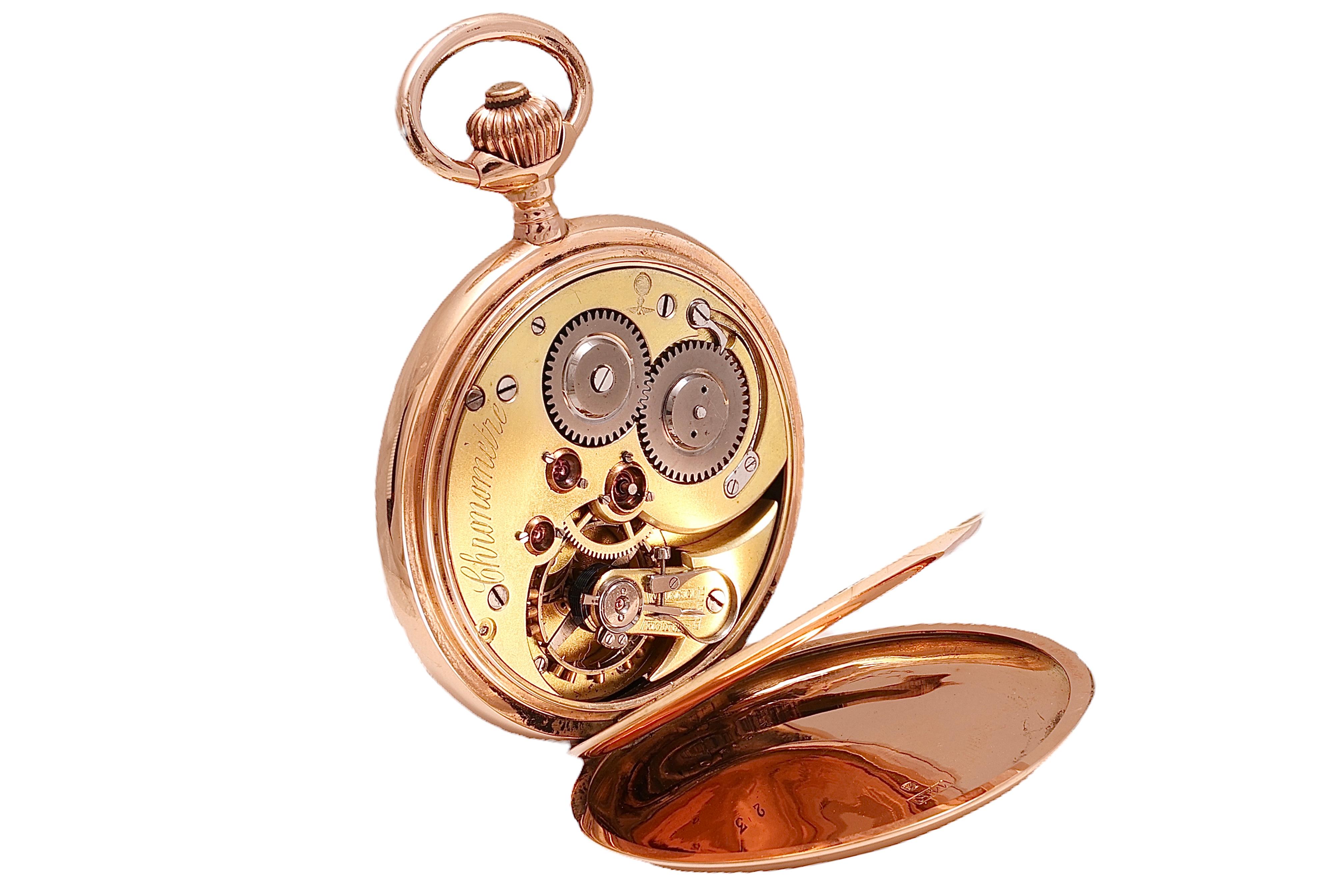 Women's or Men's 14 kt. Pink Gold chronomètre Pocket Watch Cilinder Balance Helical Hairspring For Sale