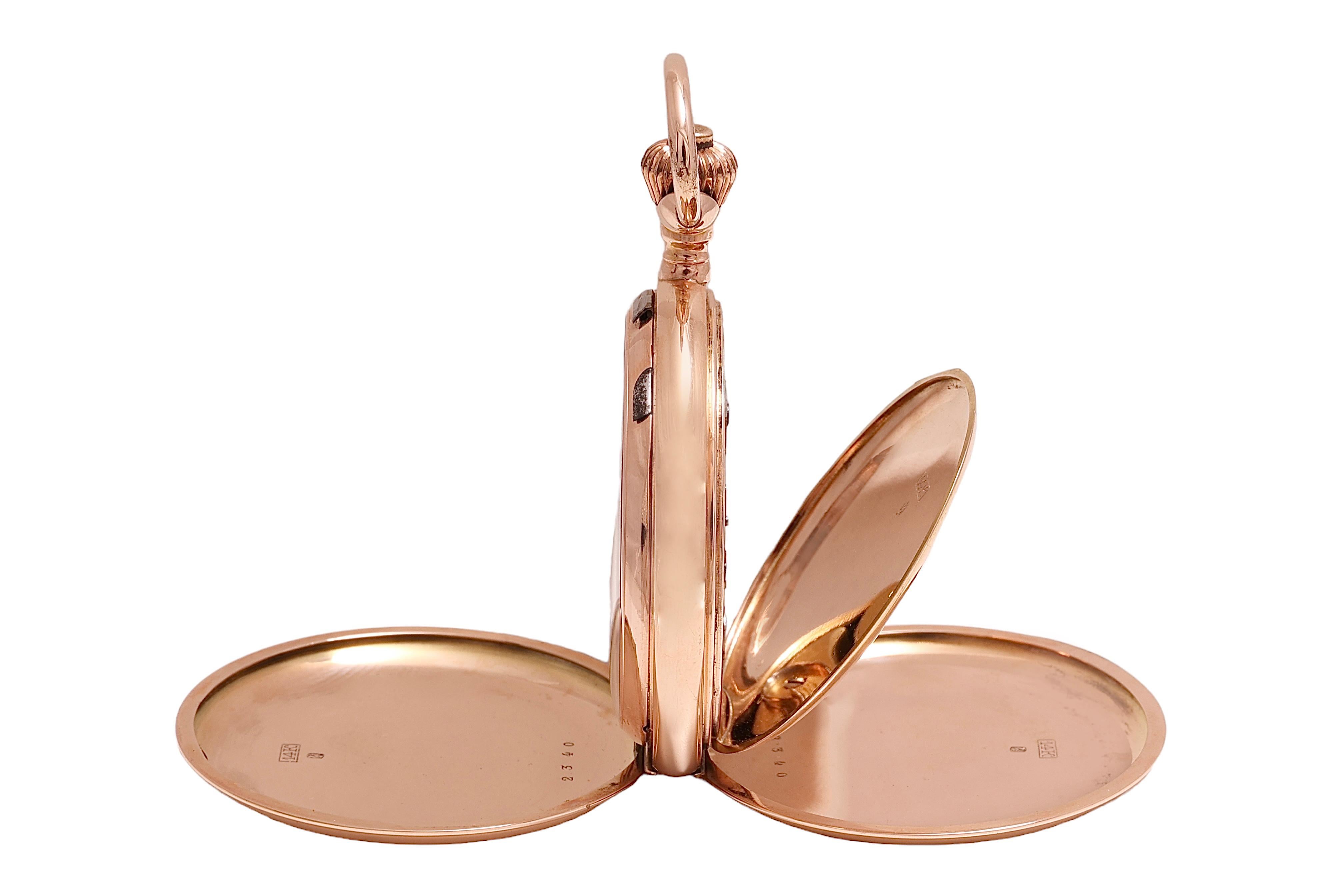 14 kt. Montre de poche chronomètre en or rose Balancier à spiral Ressort hélicoïdal en vente 3