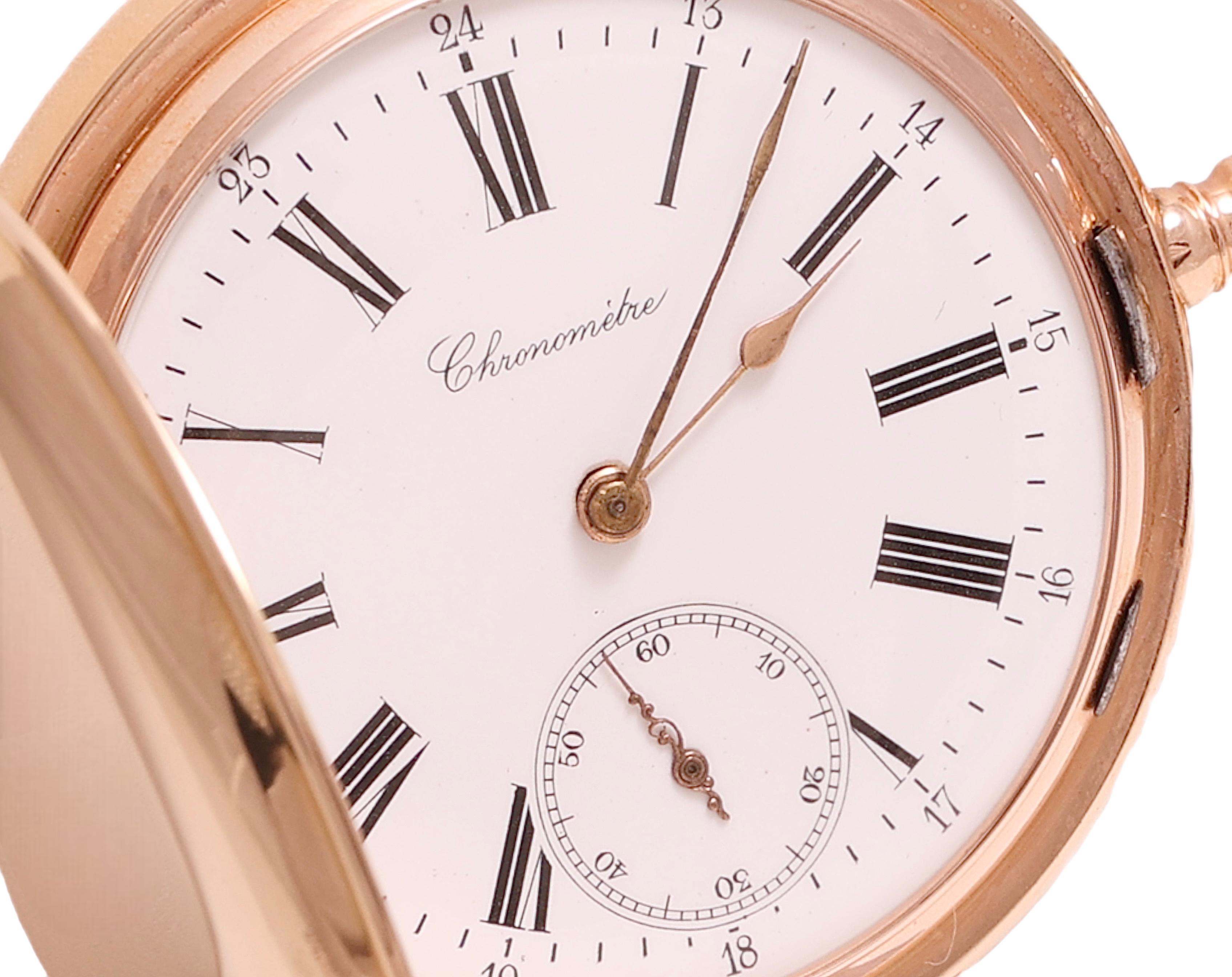 14 kt. Montre de poche chronomètre en or rose Balancier à spiral Ressort hélicoïdal en vente 4