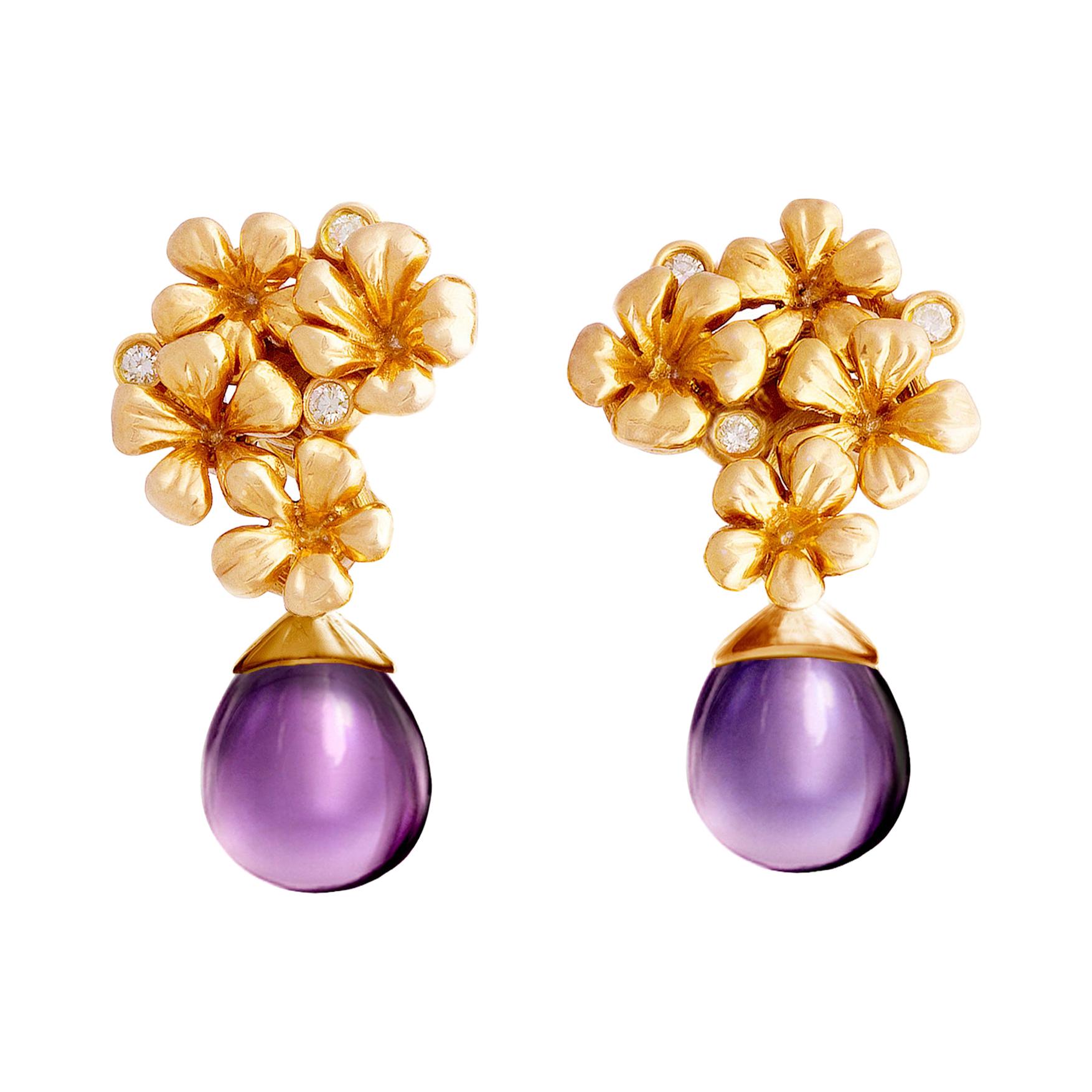 14 Kt Rose Gold Plum Flowers Contemporary Clip-On Earrings with 6 Round Diamonds