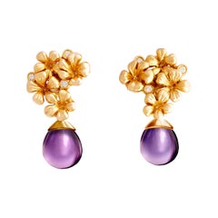 14 Kt Rose Gold Plum Flowers Contemporary Drop Earrings with 6 Round Diamonds