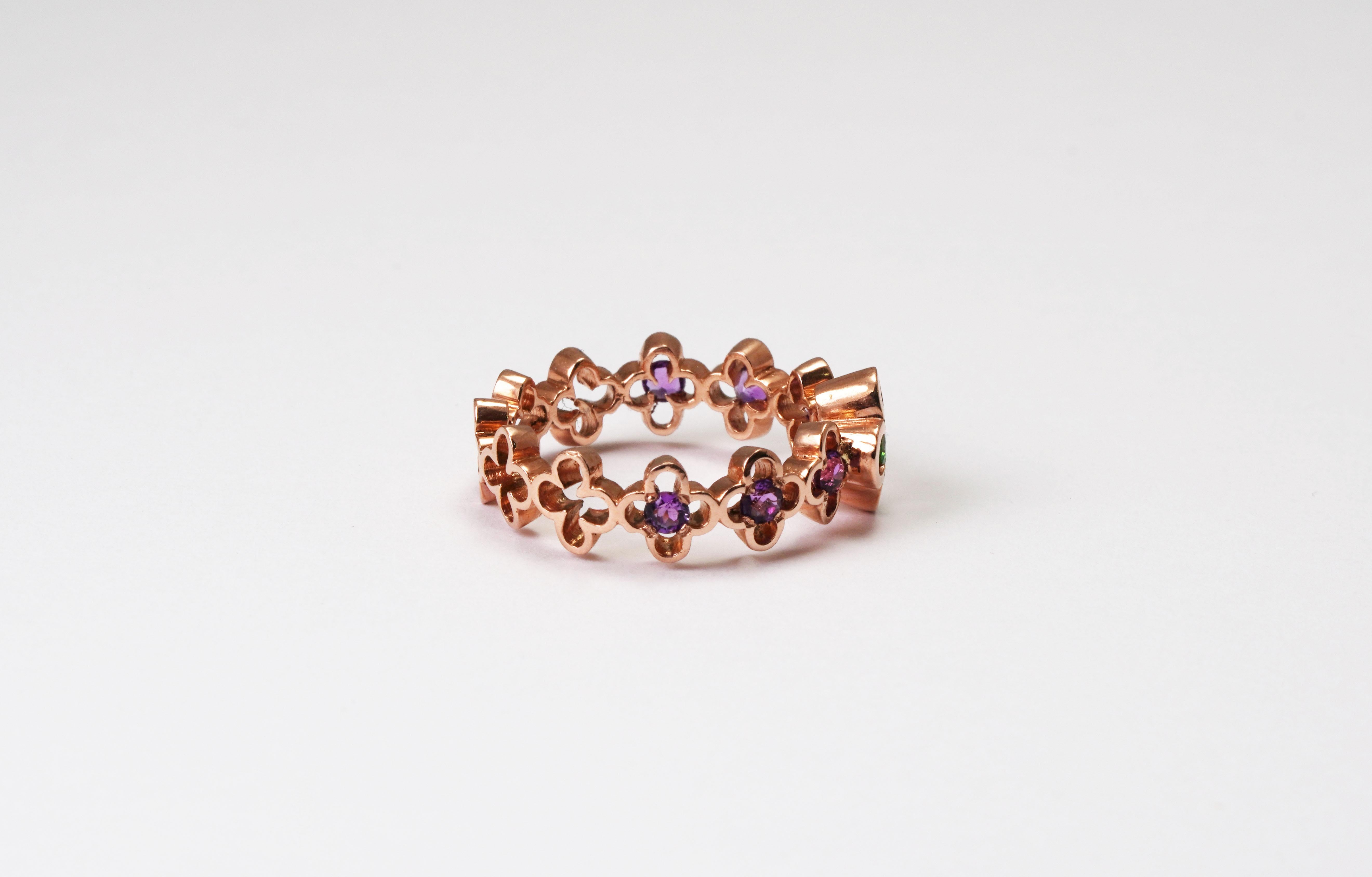 Brilliant Cut 14 kt Rose Gold Tsavorite Amethyst Ring For Sale