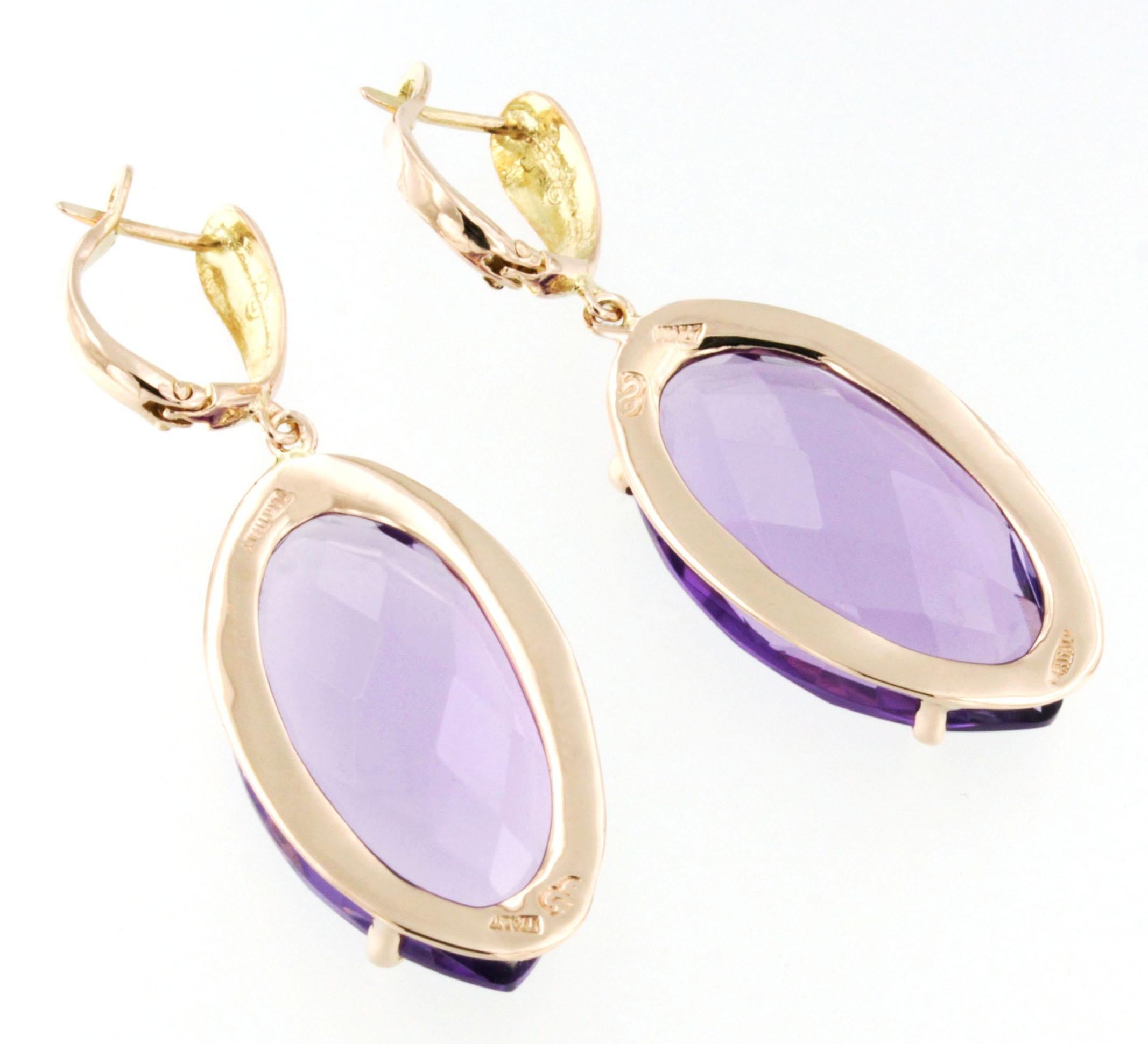Women's or Men's 14 Kt Rose Gold with Amethyst Modern Made in Italy Earrings For Sale