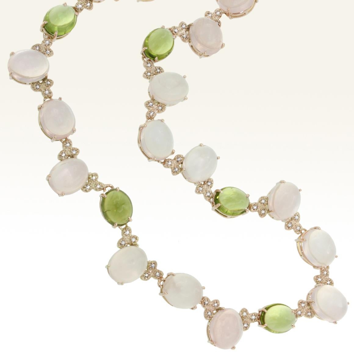 Oval Cut 14 Kt Rose Gold with Pink Quartz Peridot White Diamond Modern Choker Necklace For Sale