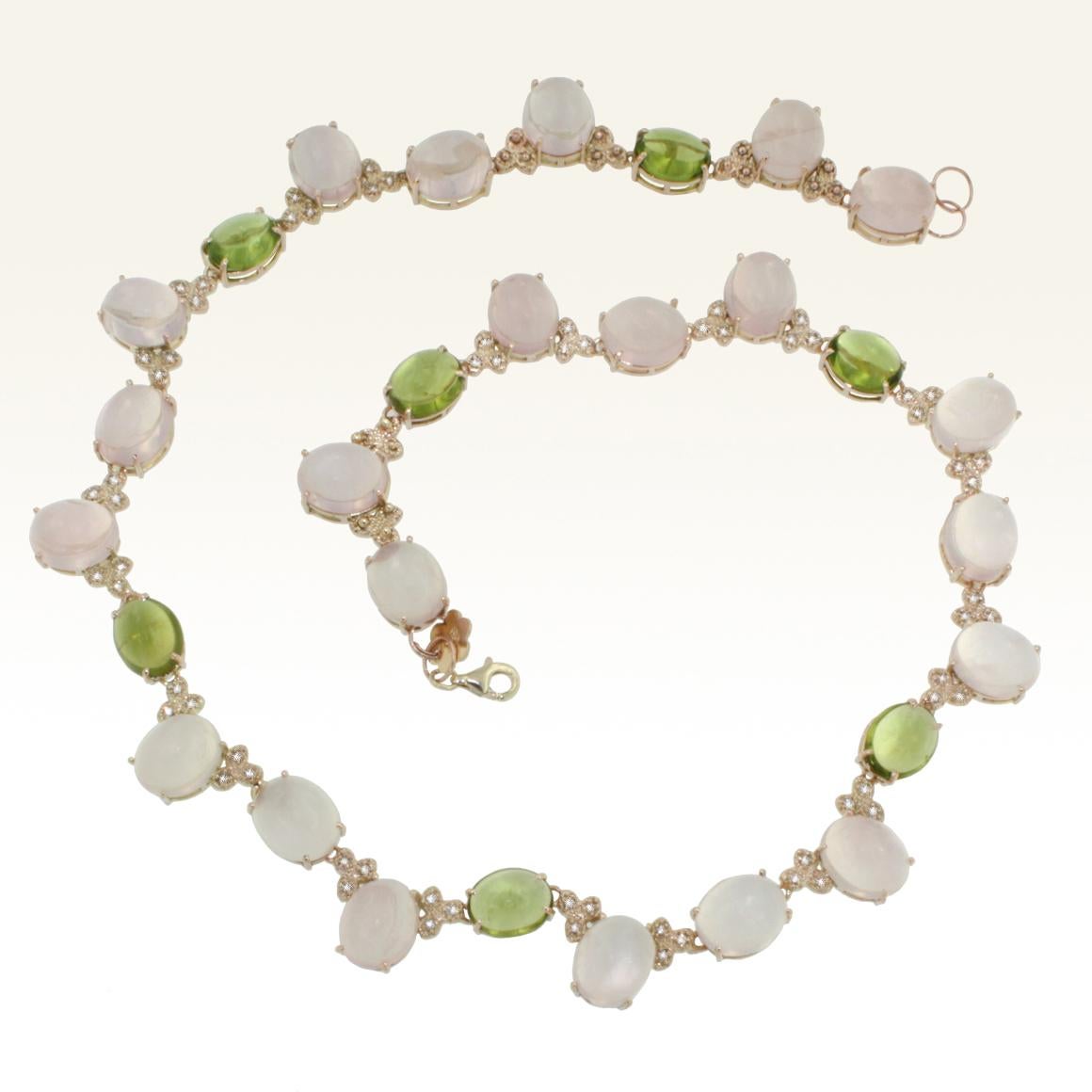 14 Kt Rose Gold with Pink Quartz Peridot White Diamond Modern Choker Necklace In New Condition For Sale In GALLARATE, IT