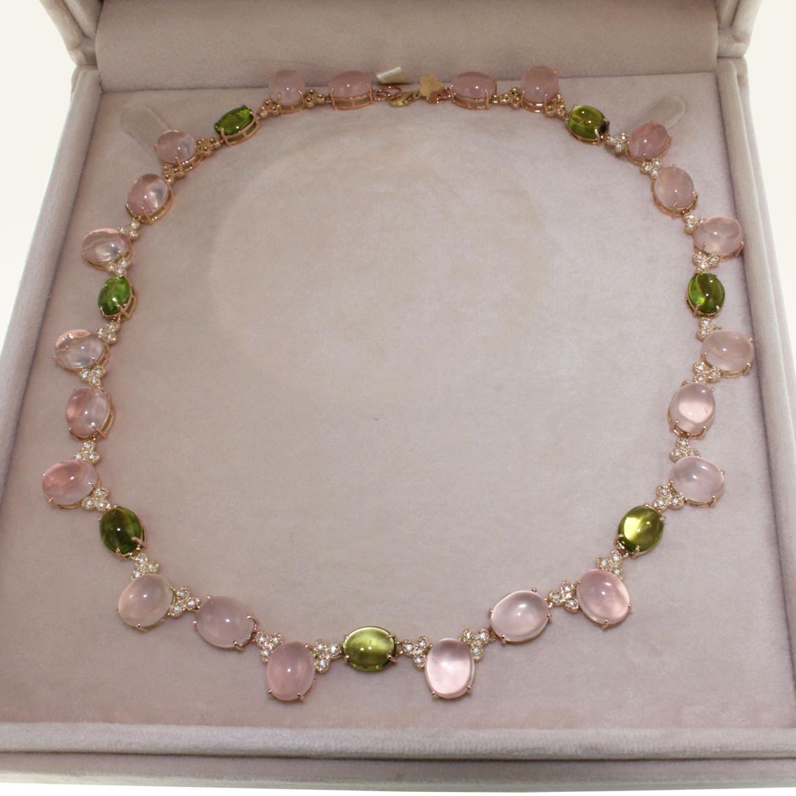 Women's or Men's 14 Kt Rose Gold with Pink Quartz Peridot White Diamond Modern Choker Necklace For Sale