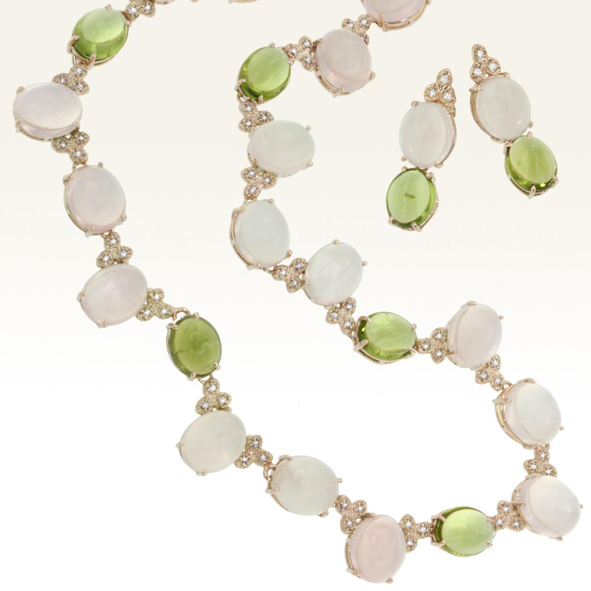 14 Kt Rose Gold with Pink Quartz Peridot White Diamond Modern Choker Necklace For Sale 2