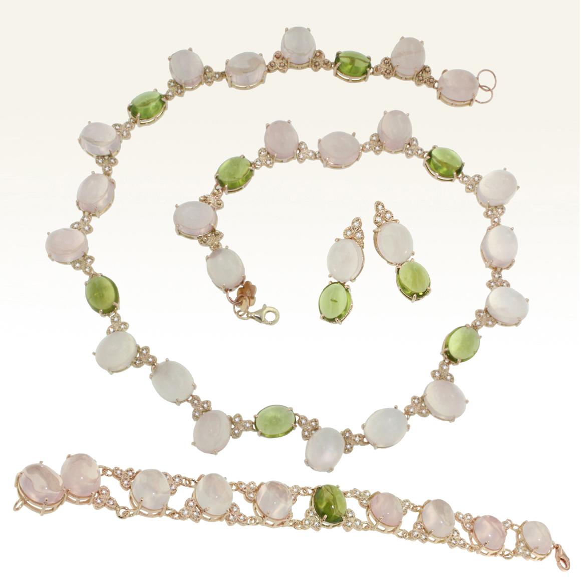 14 Kt Rose Gold with Pink Quartz Peridot White Diamond Modern Choker Necklace For Sale 3