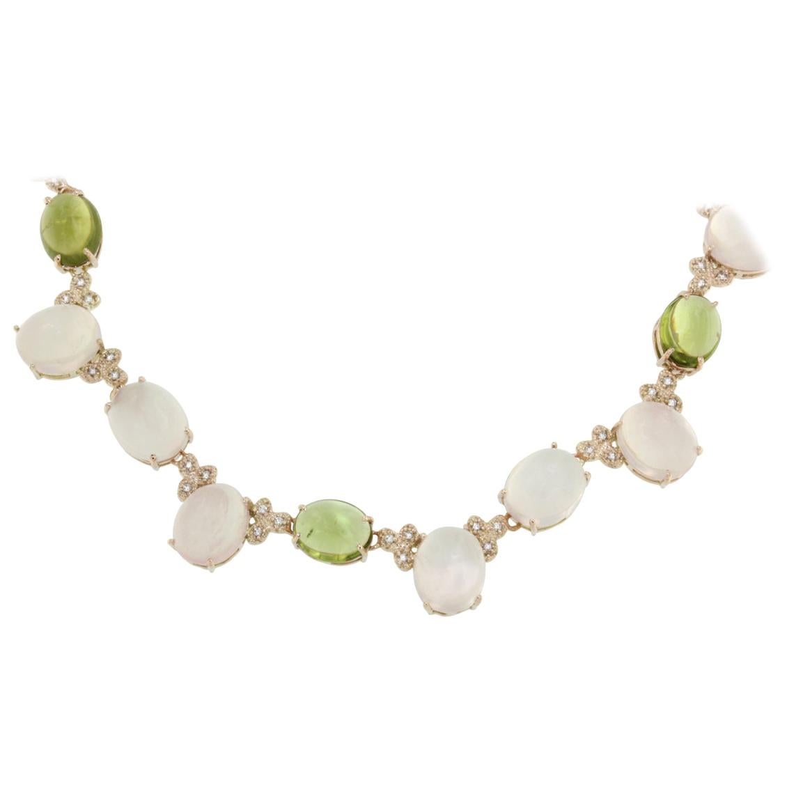 14 Kt Rose Gold with Pink Quartz Peridot White Diamond Modern Choker Necklace