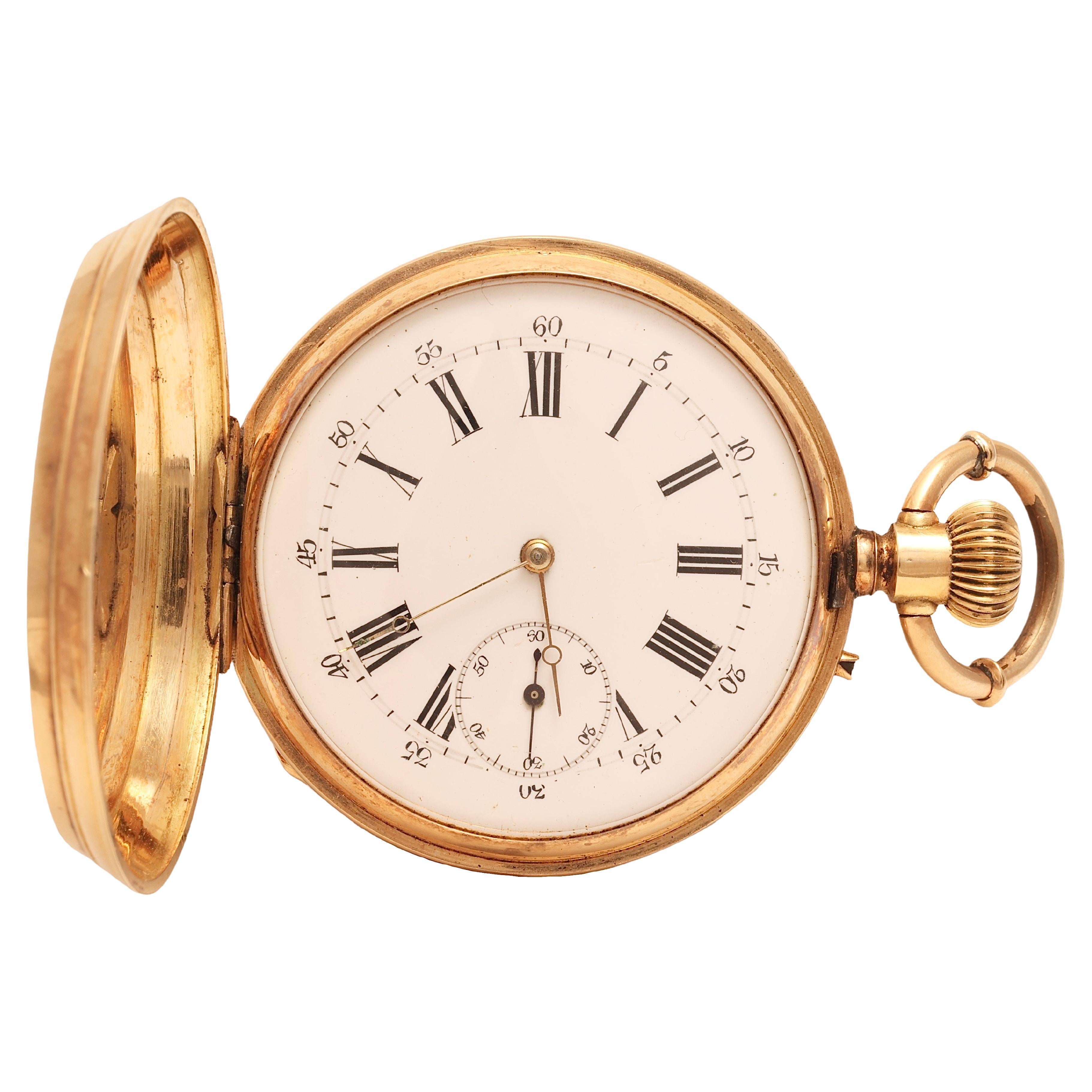 14 Kt Solid Gold Heavy Hunter Case Manual Winding Pocket Watch  For Sale
